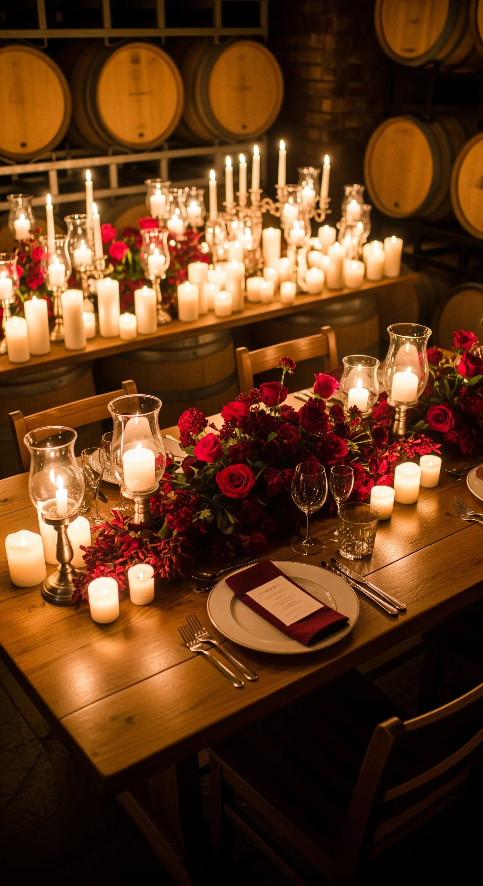 Üppige Tischdeko in einem Weinkeller mit unzähligen Kerzen und roten Rosen.