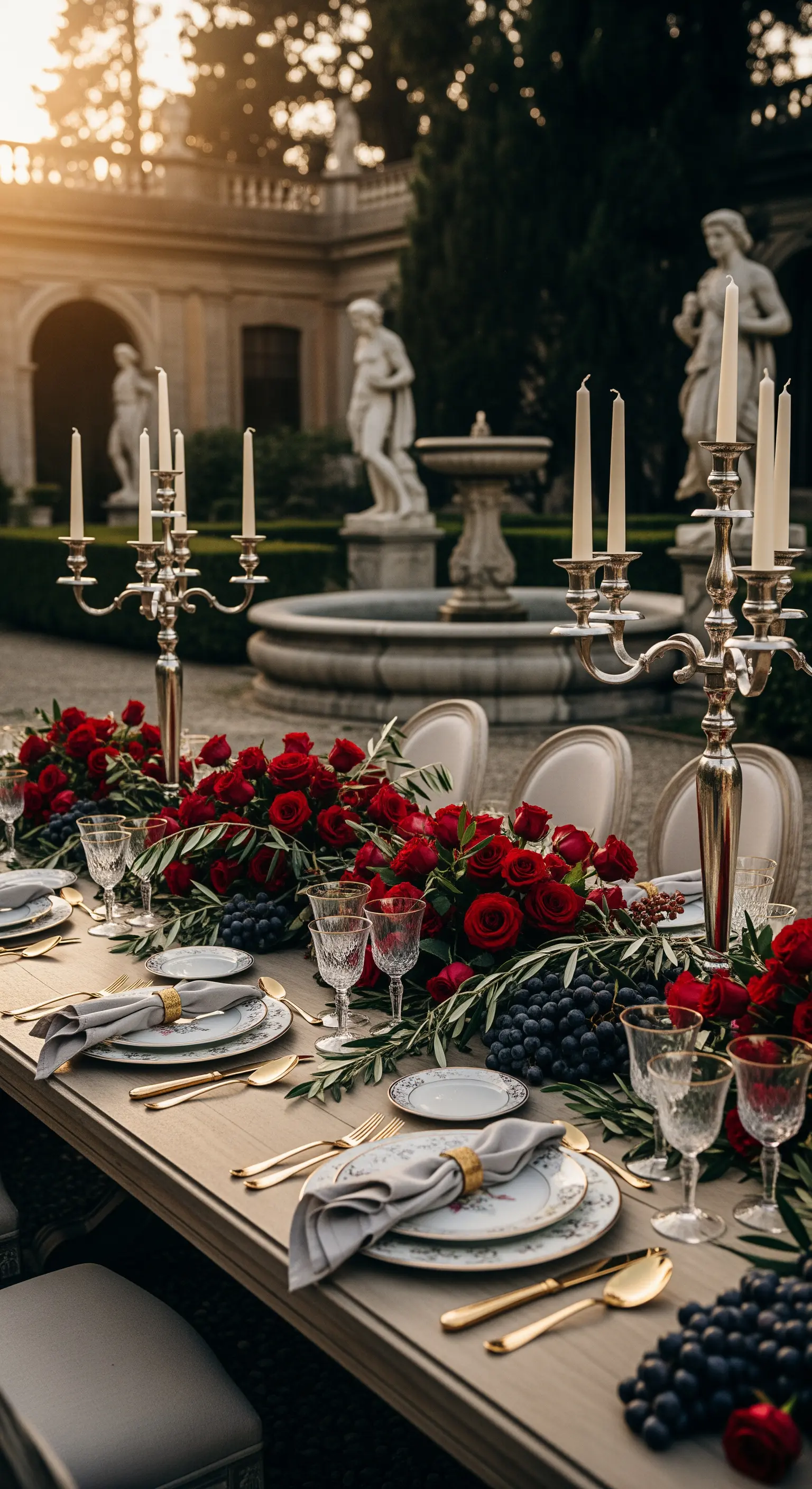 Dramatische Tischdeko mit roten Rosen, Trauben, Goldbesteck und silbernen Kandelabern