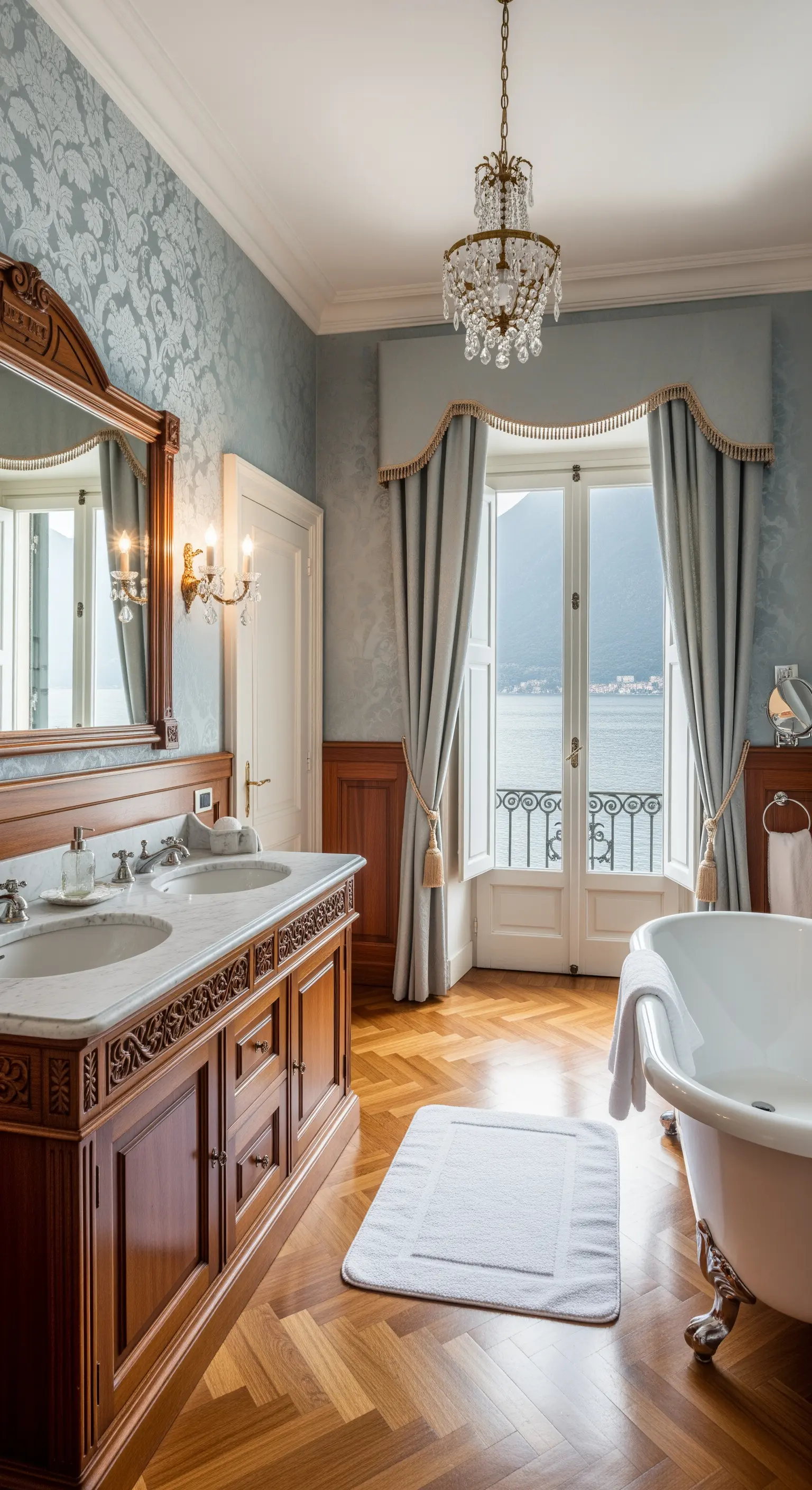 Luxuriöses Badezimmer mit blauer Damast-Tapete, Holztäfelung und Fischgrätparkett.