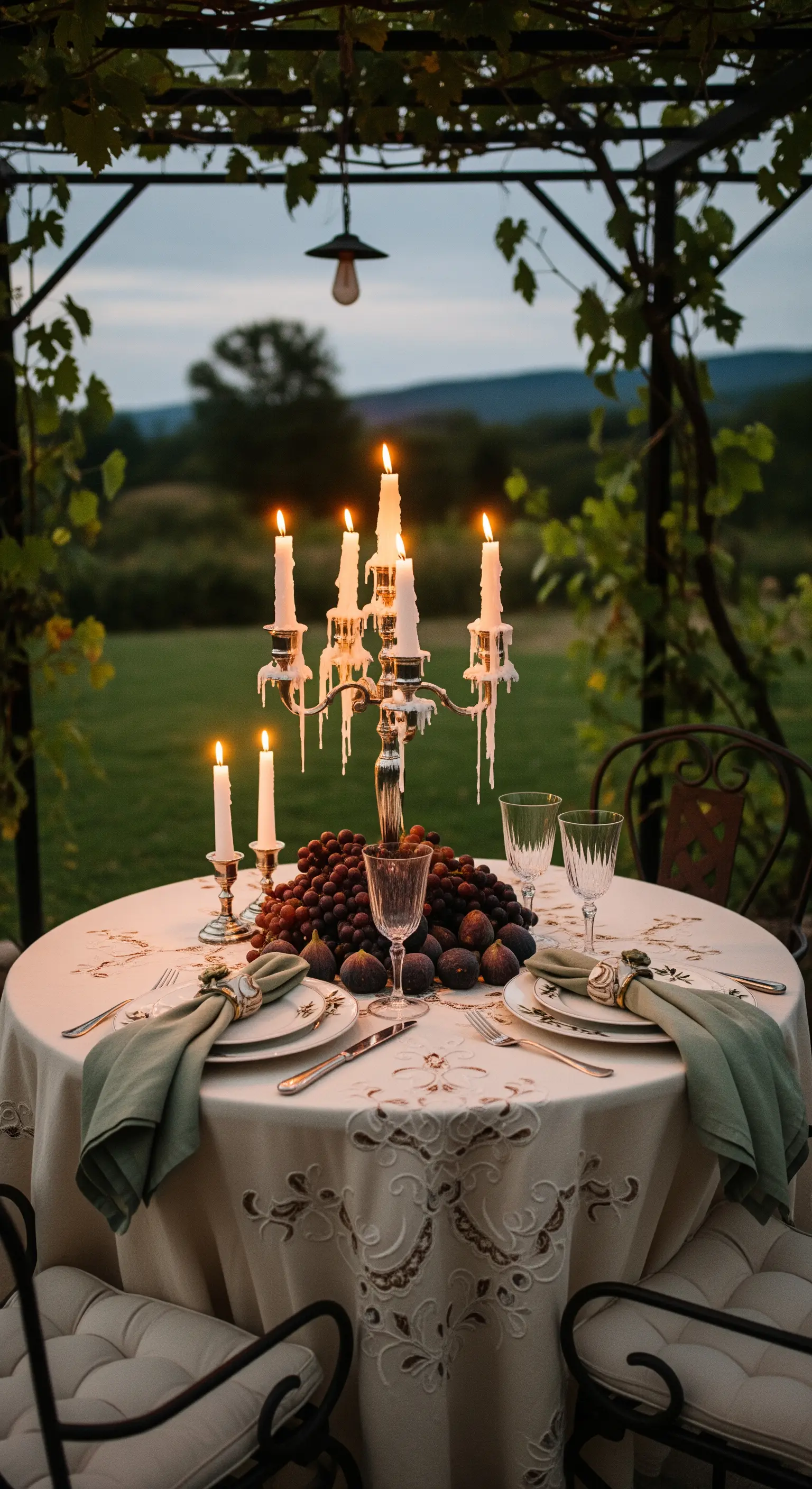 Runder Tisch mit opulentem Silberleuchter, Trauben und Feigen unter einer Weinlaube.