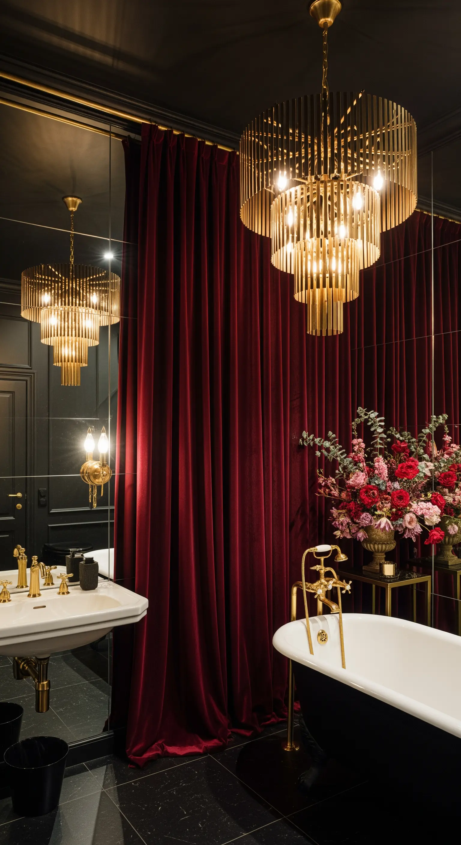 Dramatisches Badezimmer mit Spiegelwand, einem schweren roten Samtvorhang und einem goldenen Kronleuchter.