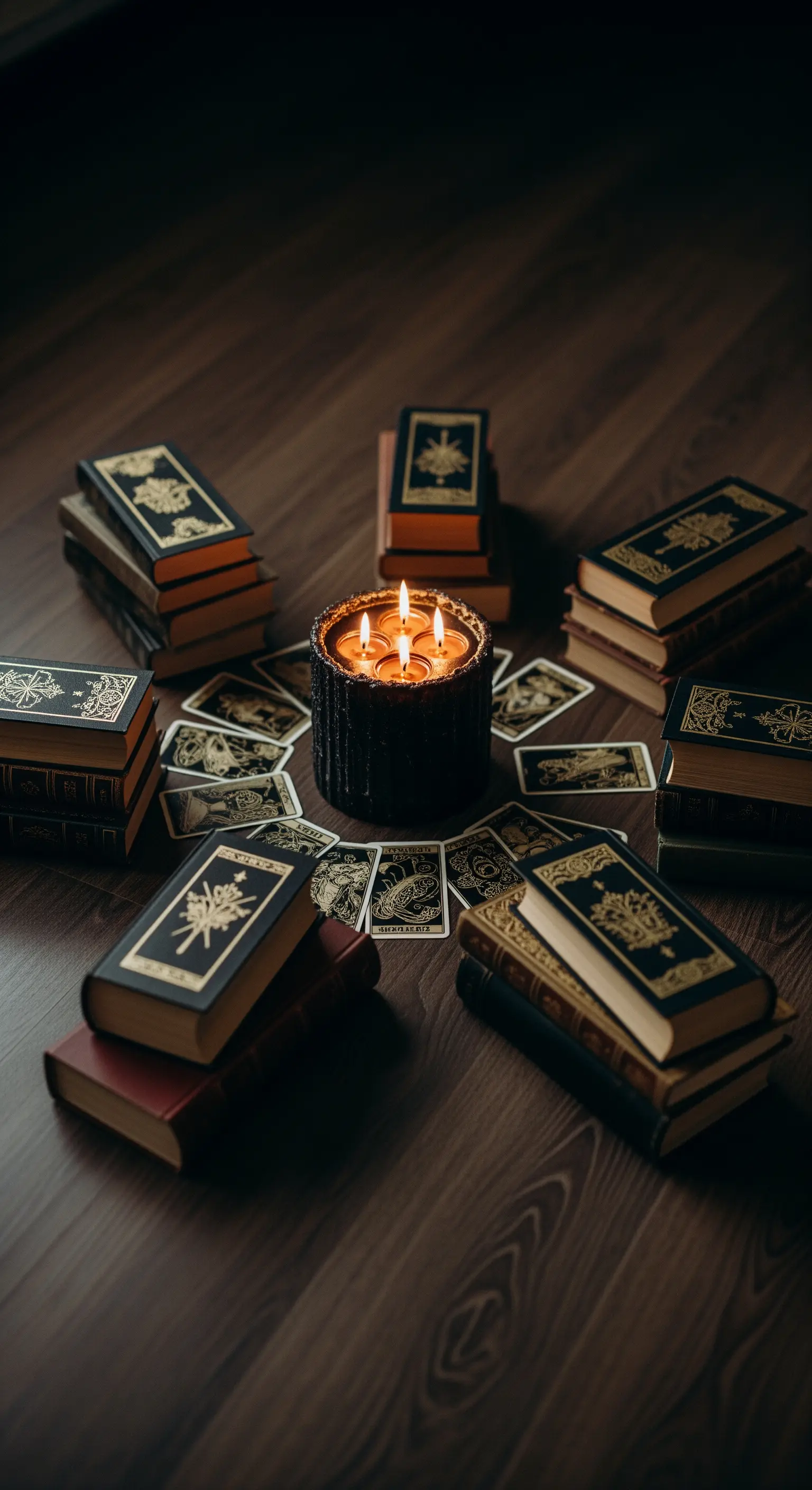 Orakelkreis, Bücher, Spielkarten, Kerze, Holzboden, Mystik, Halloween.