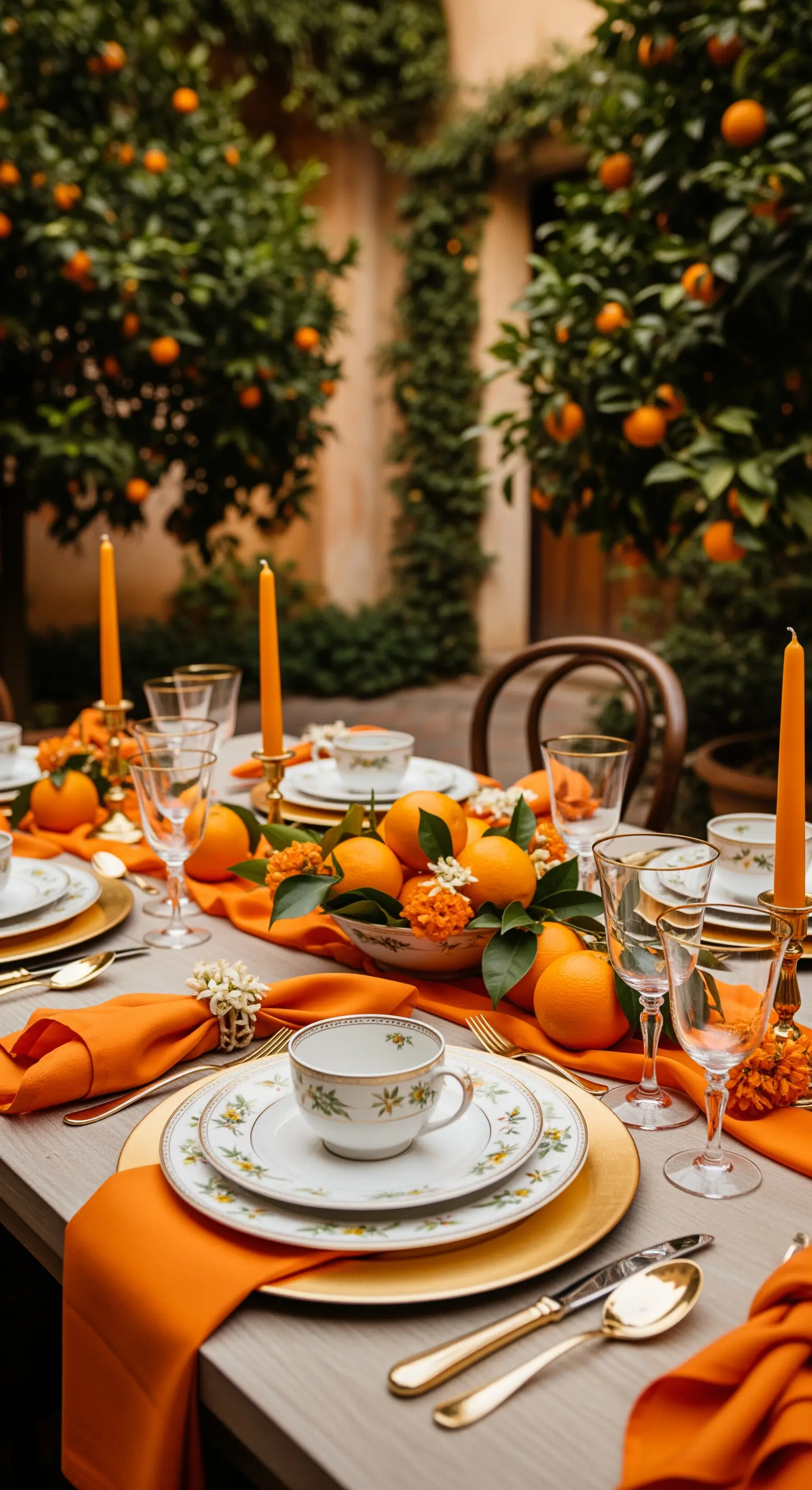 Tisch im Orangenhain mit Orangen-Deko, orangefarbenen Servietten, Porzellan mit Goldrand