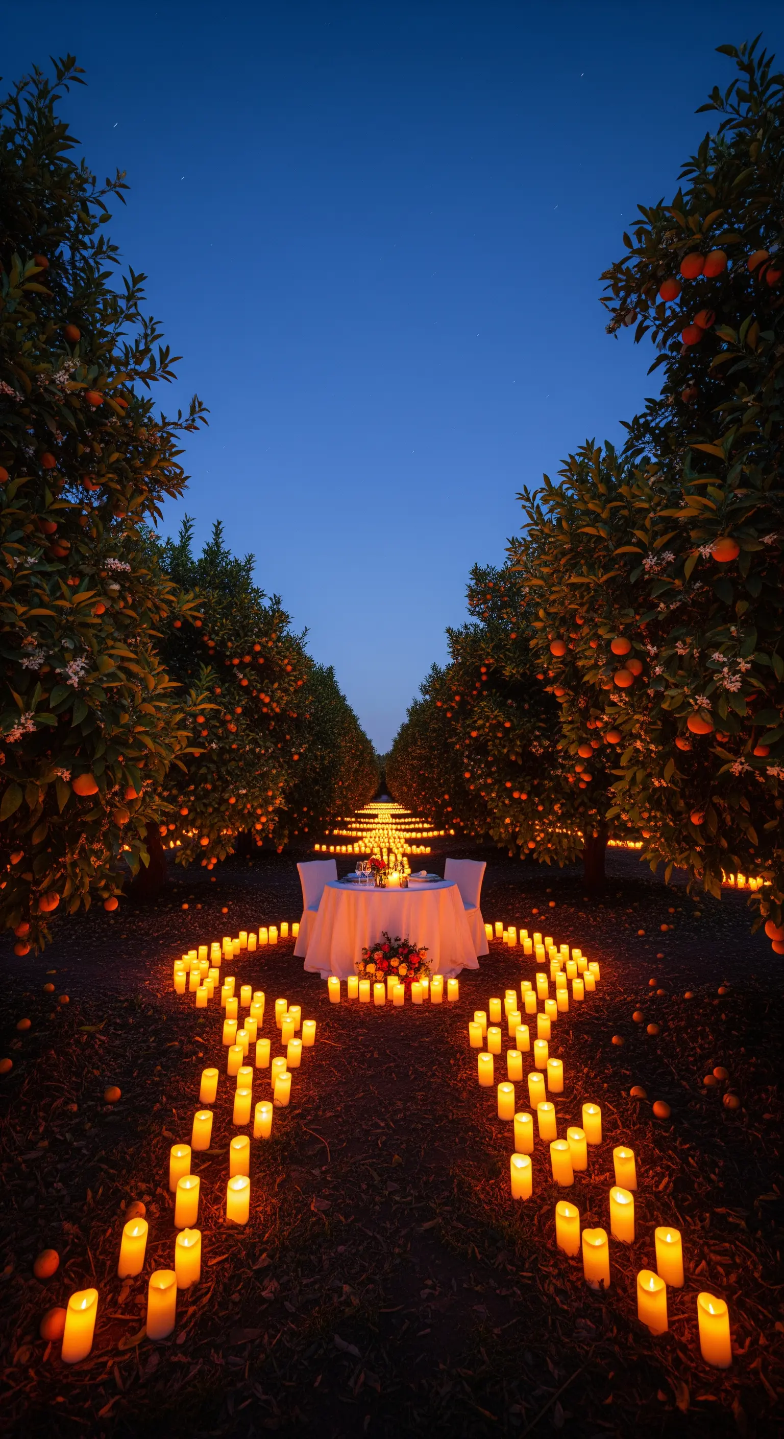Orangenbaum-Allee mit hunderter Kerzen als Weg zum Esstisch bei Nacht