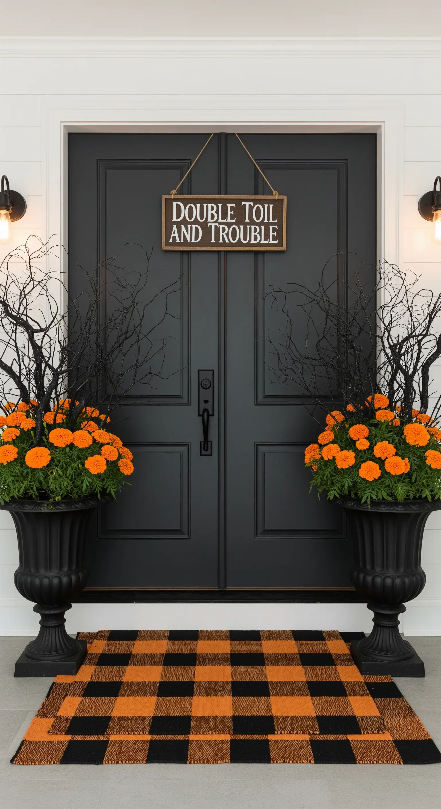 Schwarze Haustür mit orangefarbenen Blumen in Urnen, dunklen Ästen und kariertem Fußabtreter.