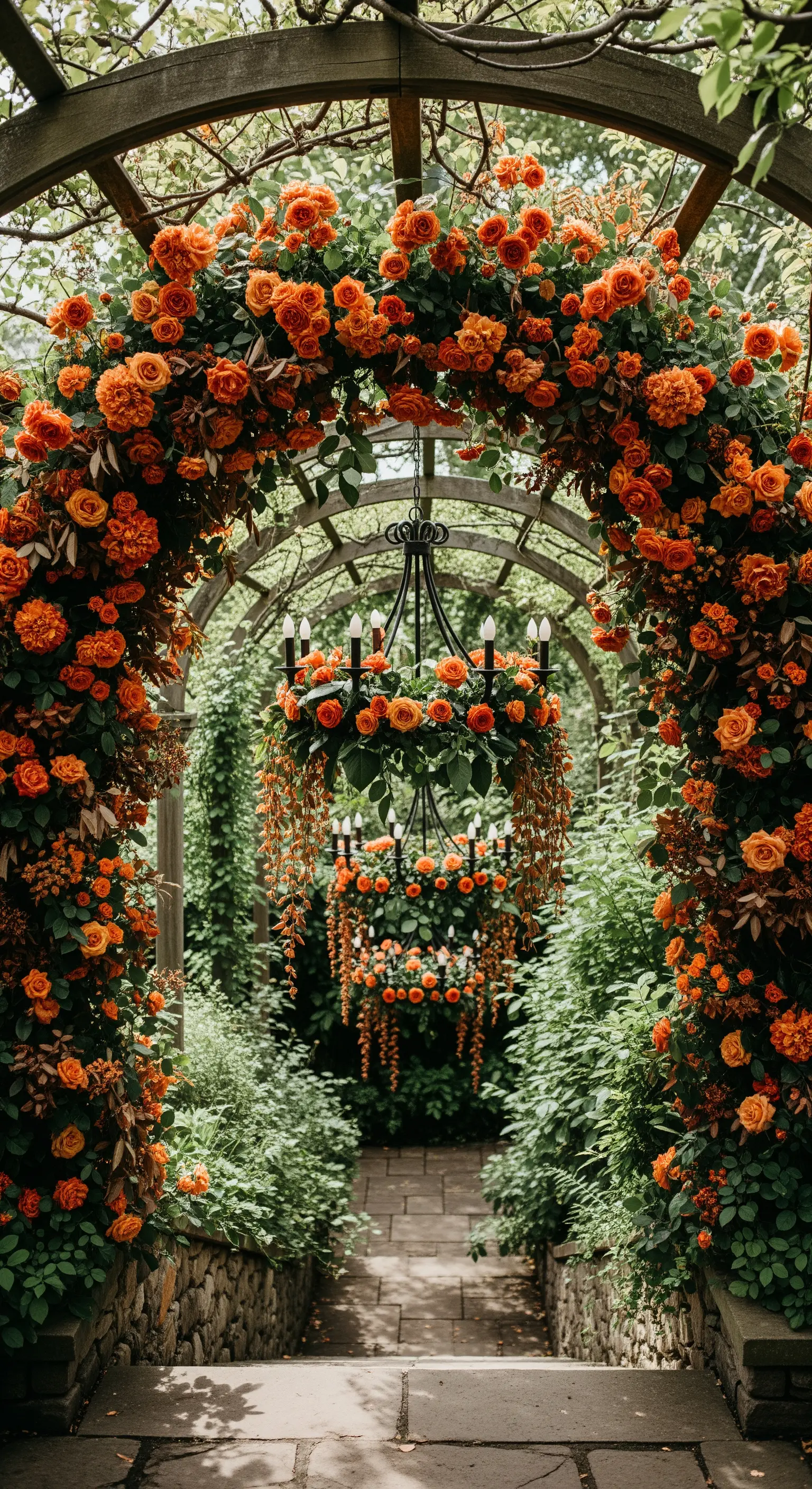 Holzpergola mit üppigen orangefarbenen Rosen und hängenden Kerzenkronleuchtern im Grünen.