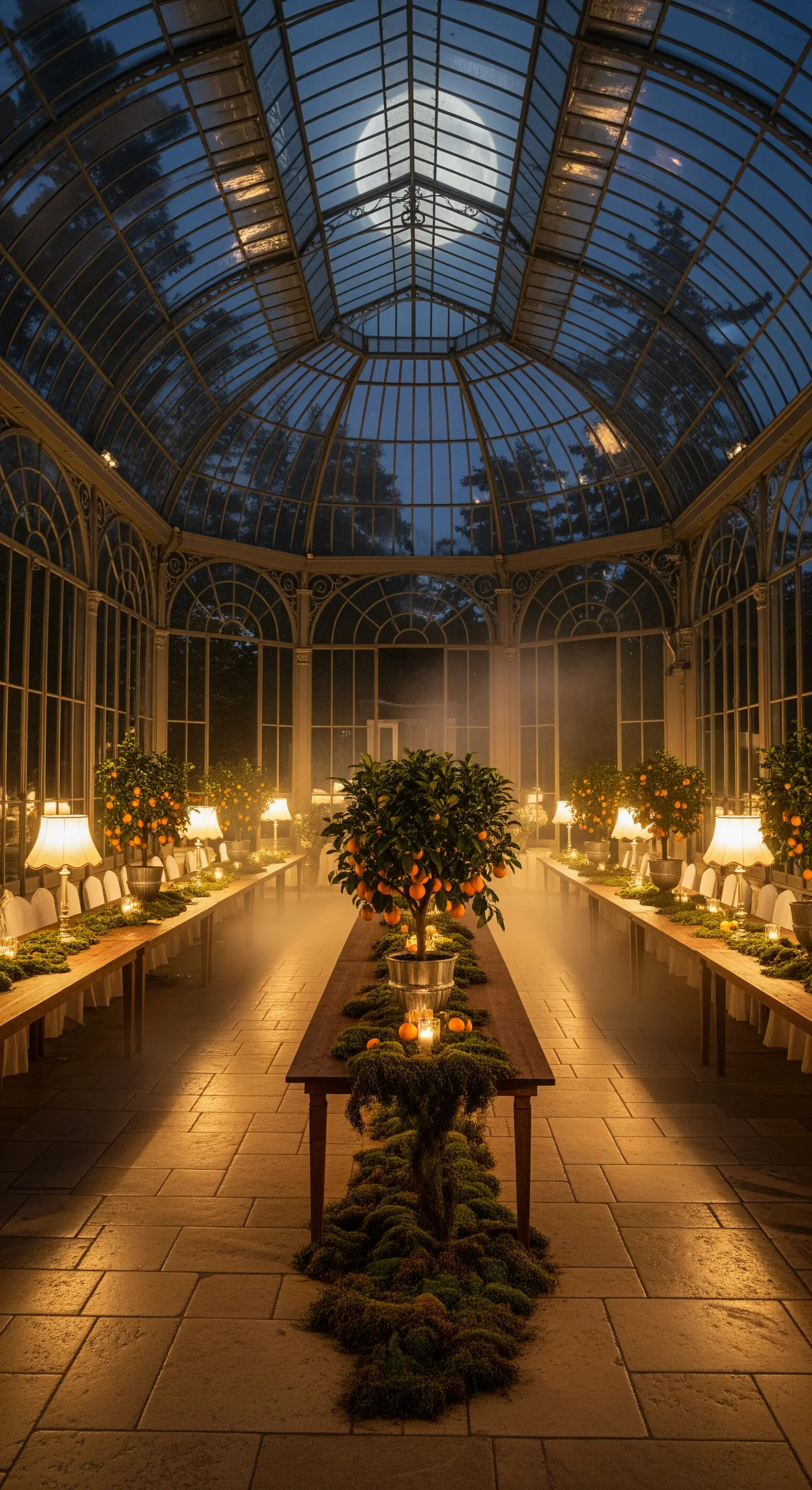 Orangerie-Dinner mit Zitrusbäumen, Moos-Tischläufern und Vollmond durch Glasdach