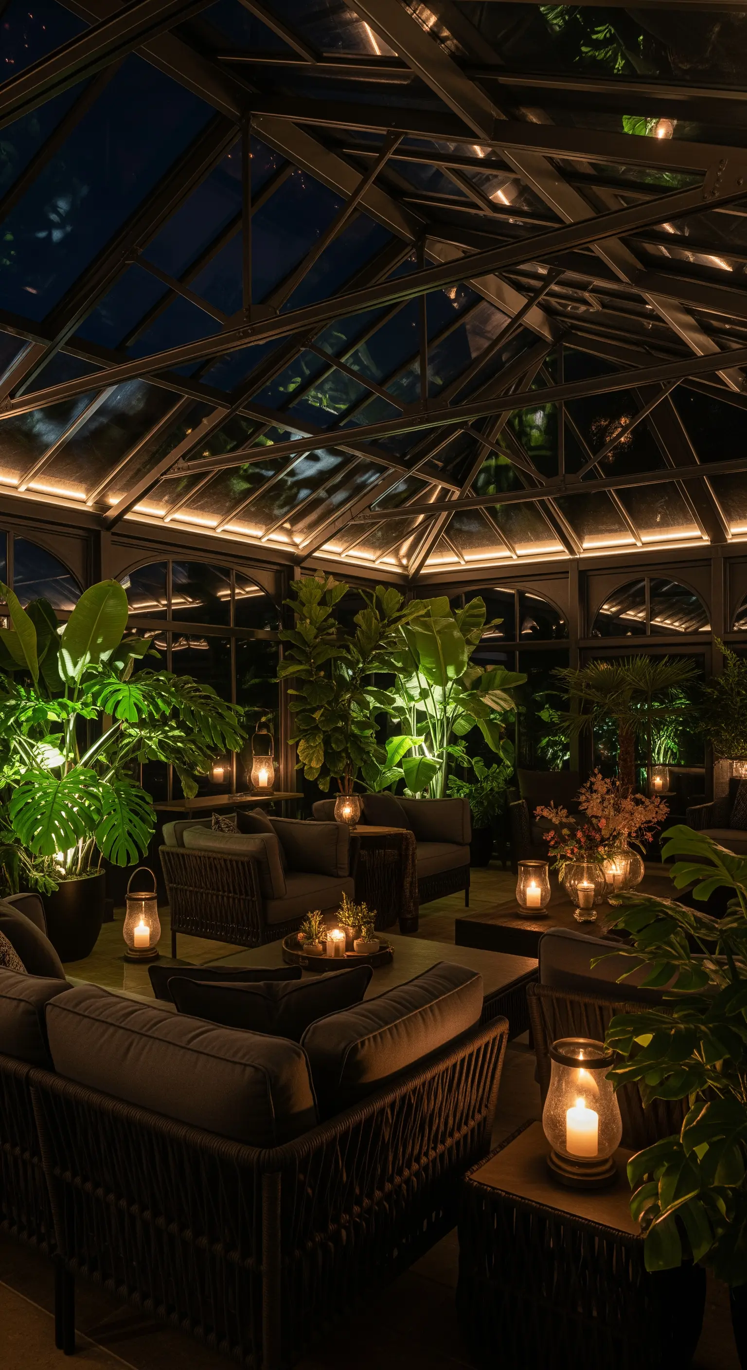 Orangerie mit Glasdach, integrierter Rahmenbeleuchtung, üppigen Pflanzen und Laternen