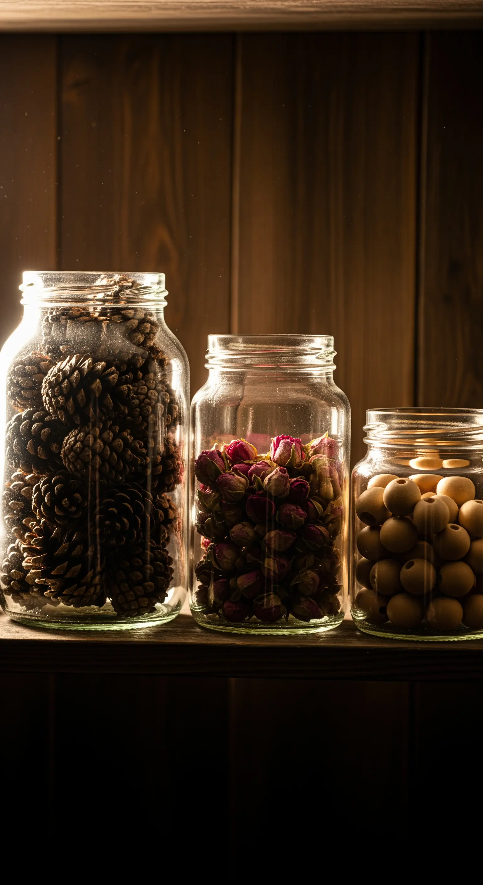 Drei Glasgefäße gefüllt mit Tannenzapfen, getrockneten Rosenknospen und Holzperlen