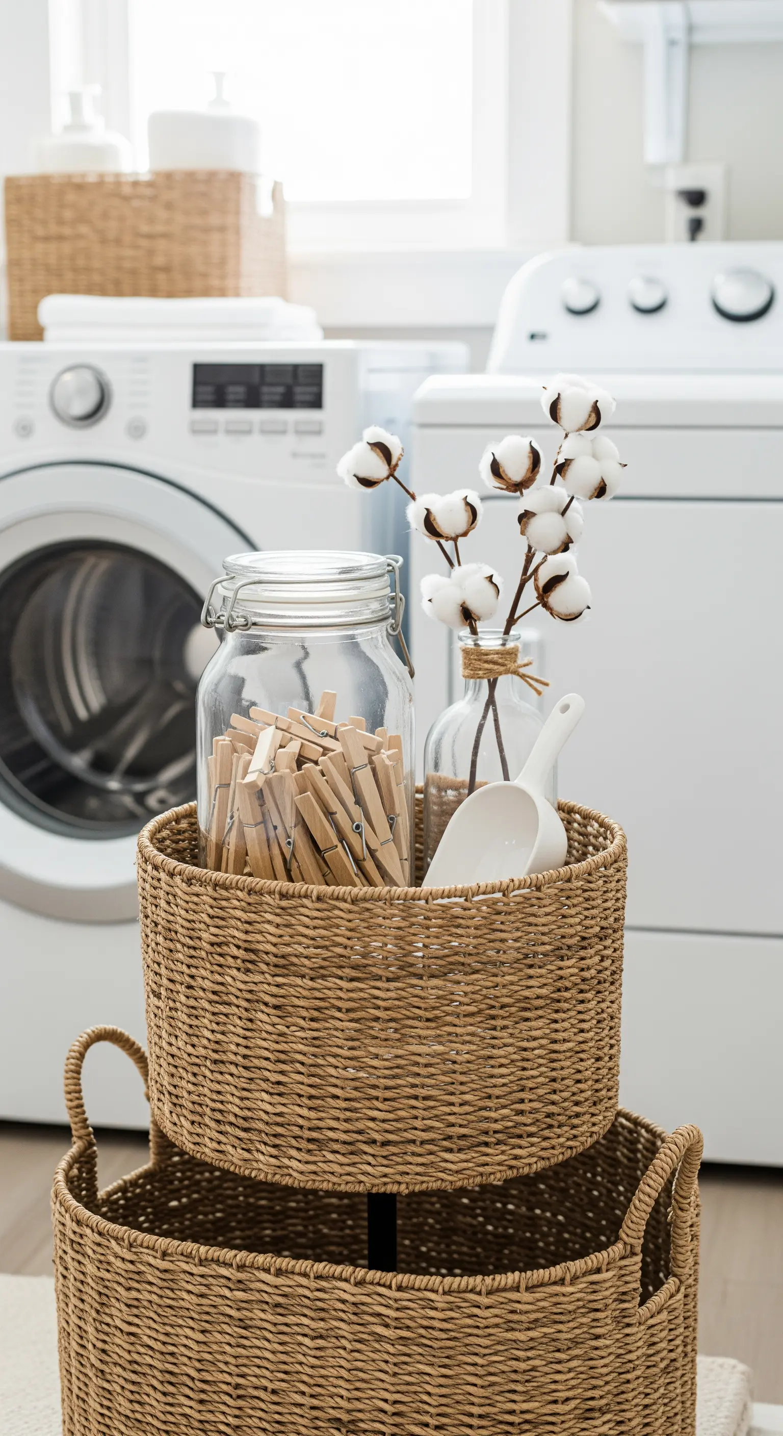 Korbgeflecht-Etagere mit Wäscheklammern und Baumwollzweigen