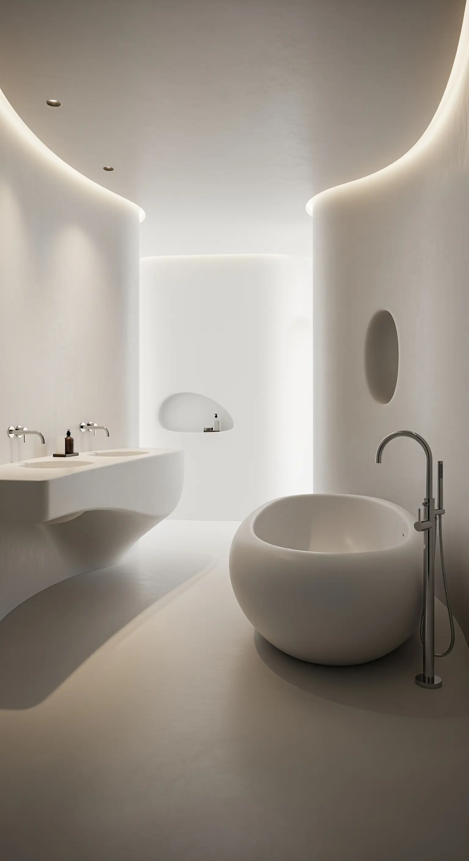 Futuristisches, weißes Badezimmer mit organisch geschwungenen, fugenlosen Wänden und Decken