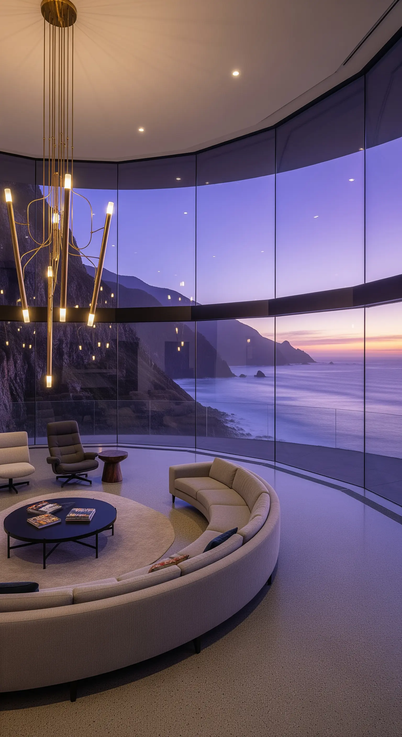 Modernes Wohnzimmer mit gebogener Glasfront, rundem Sofa und Blick auf eine Küstenlandschaft bei Dämmerung.