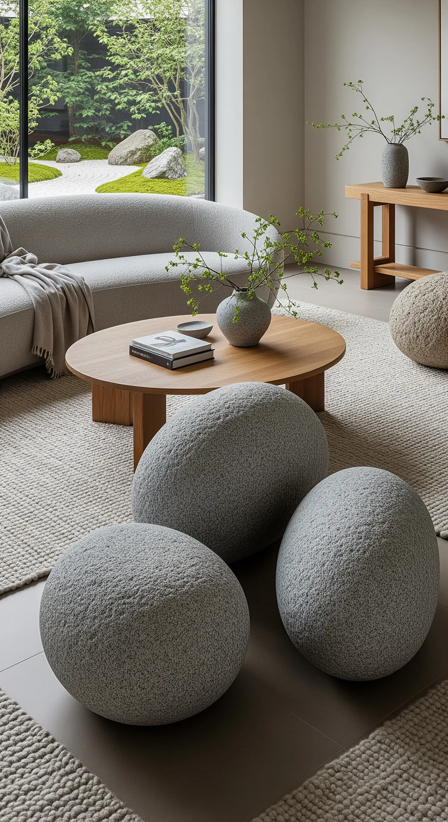 Große, kieselsteinförmige Bodenskulpturen aus grauem Stoff in einem minimalistischen Japandi-Wohnzimmer.