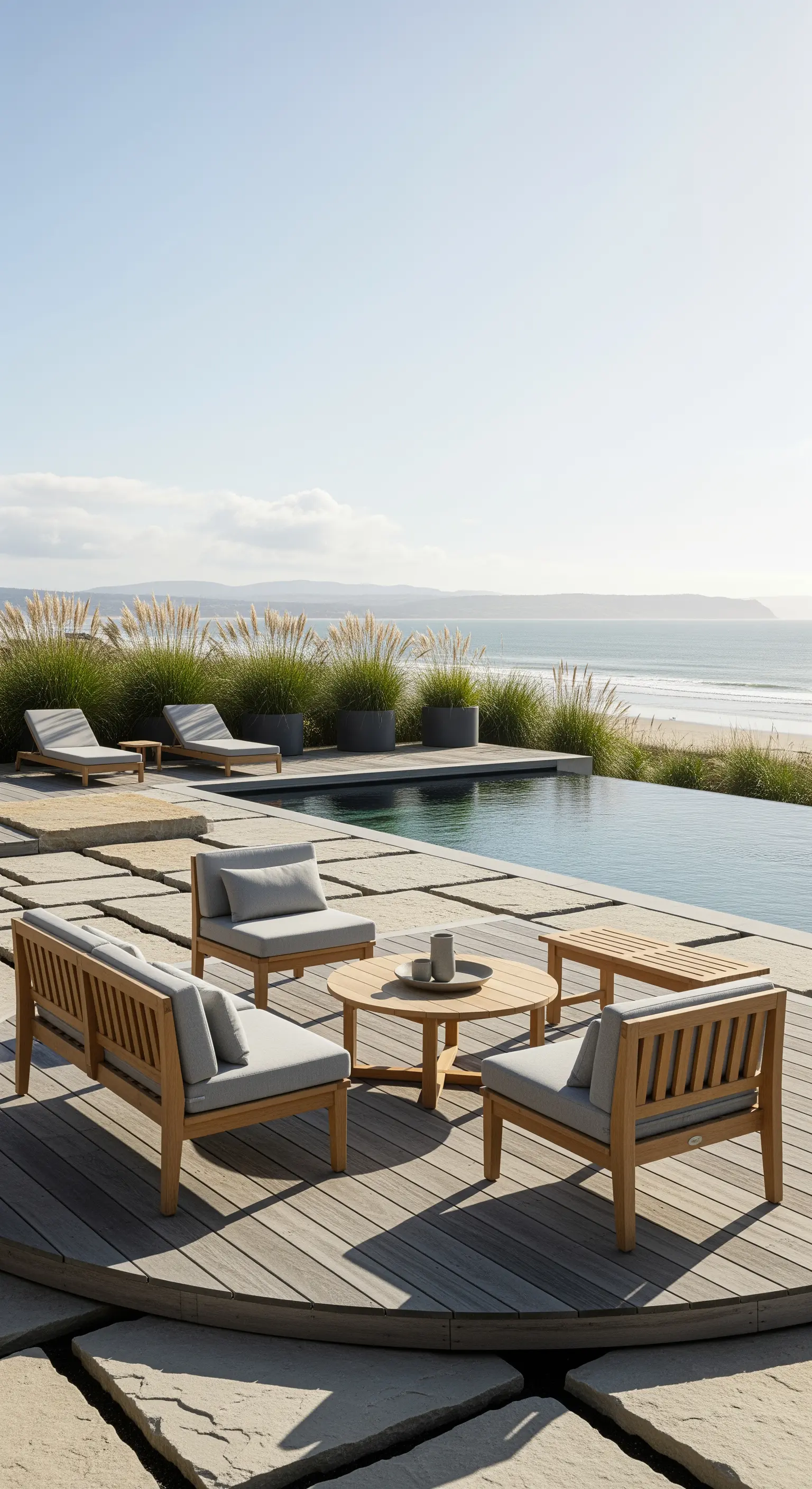 Infinity-Pool mit Meerblick, Steinplatten, runden Holzdecks, Lounge-Möbeln und Gräsern