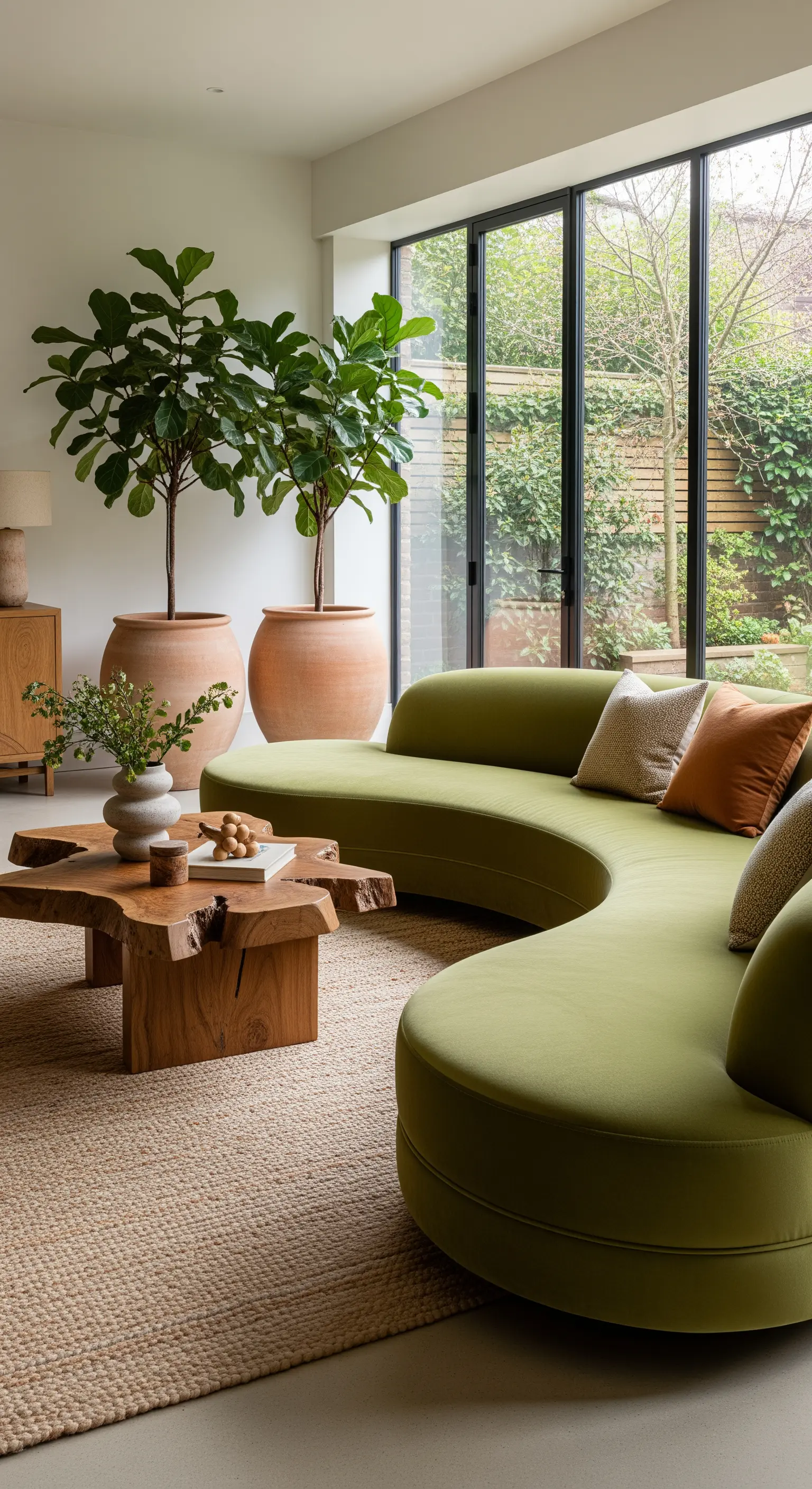 Geschwungenes, olivgrünes Sofa vor einer großen Fensterfront mit Blick in einen grünen Garten.