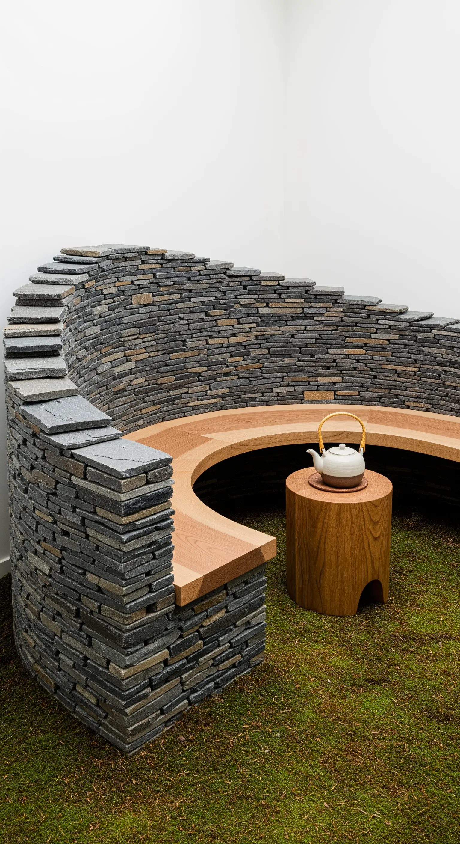 Geschwungene Gartenbank aus Schiefergestein und Holz auf moosbewachsenem Boden