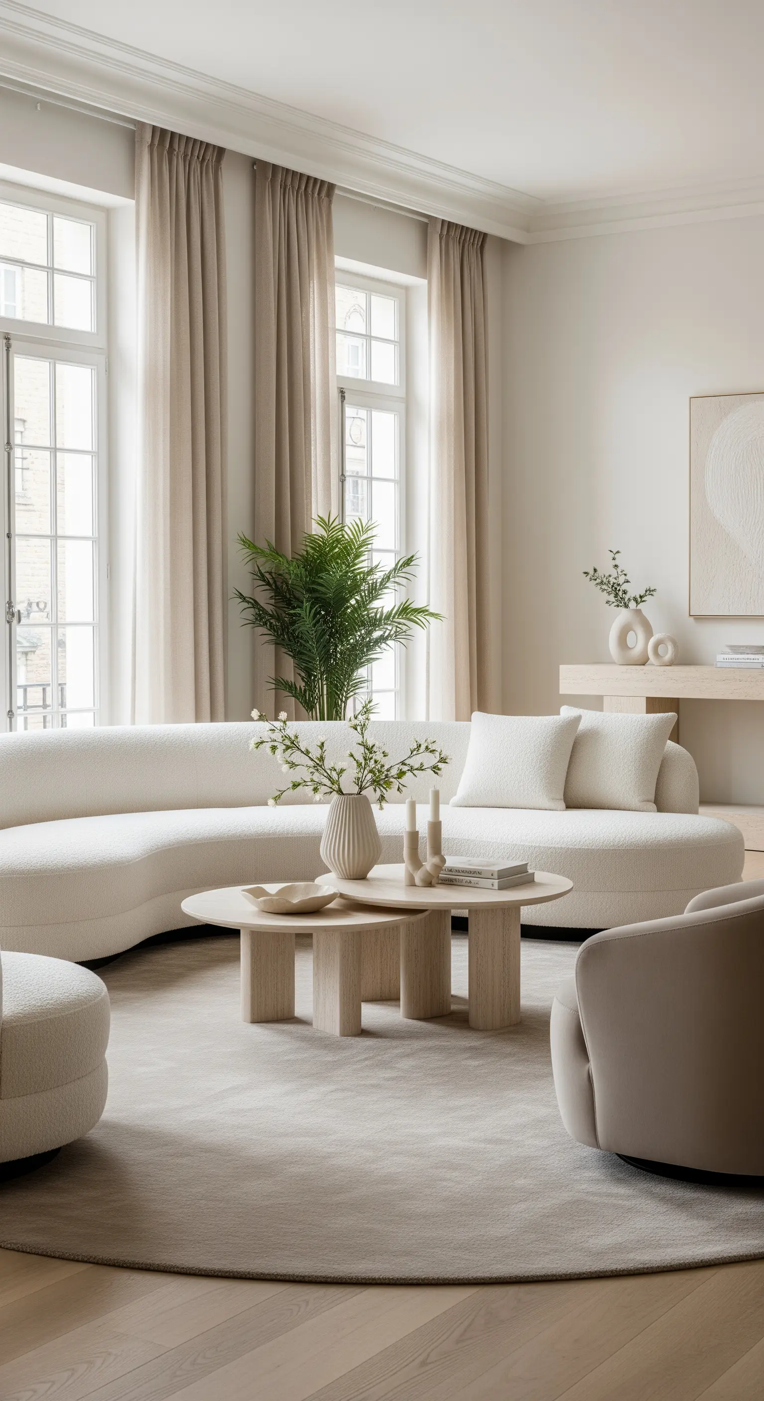 Modernes Wohnzimmer mit einem geschwungenen weißen Bouclé-Sofa und runden Couchtischen.