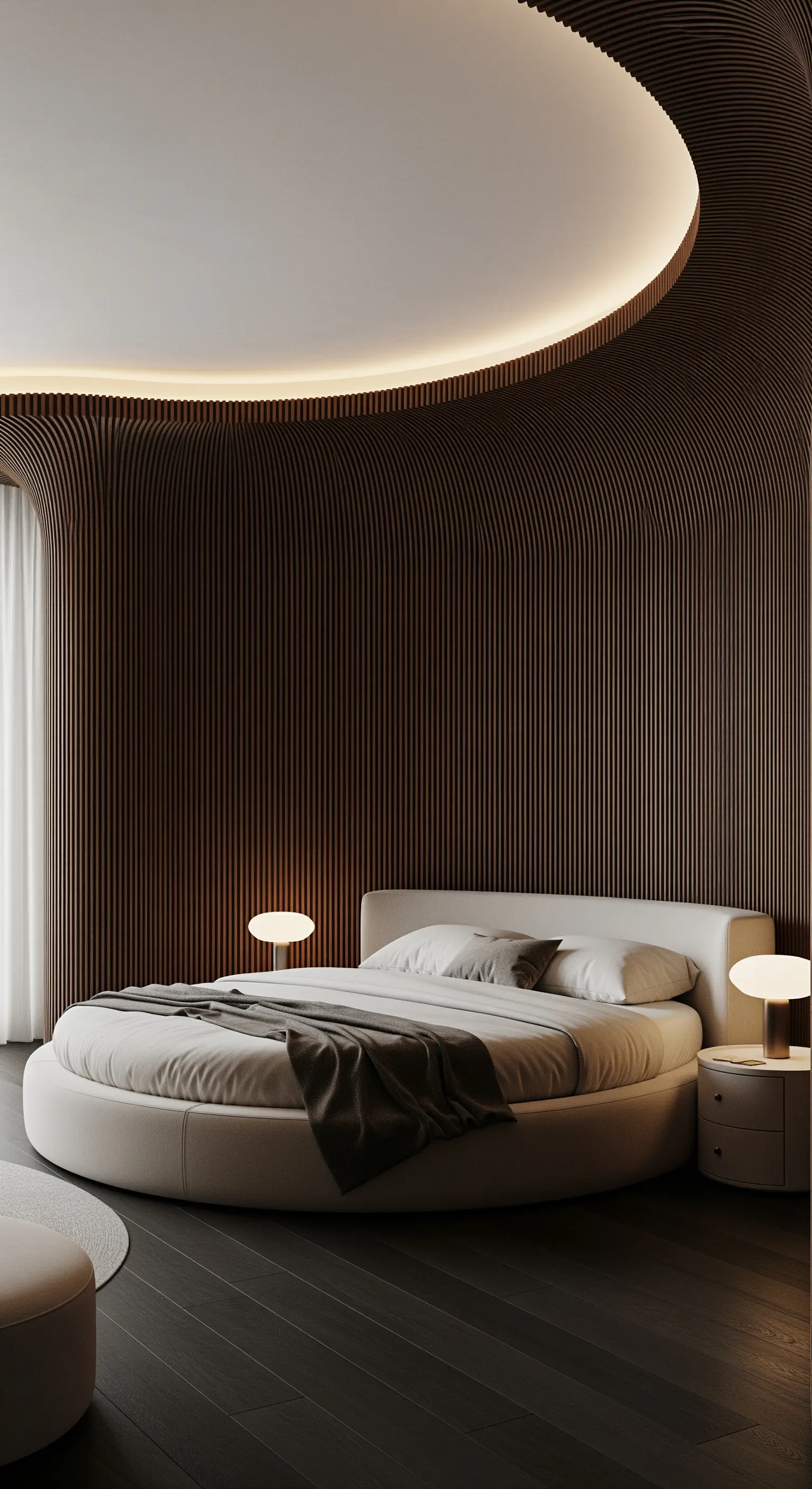 Modernes Schlafzimmer mit einer geschwungenen Holzwand und einem runden Bett.