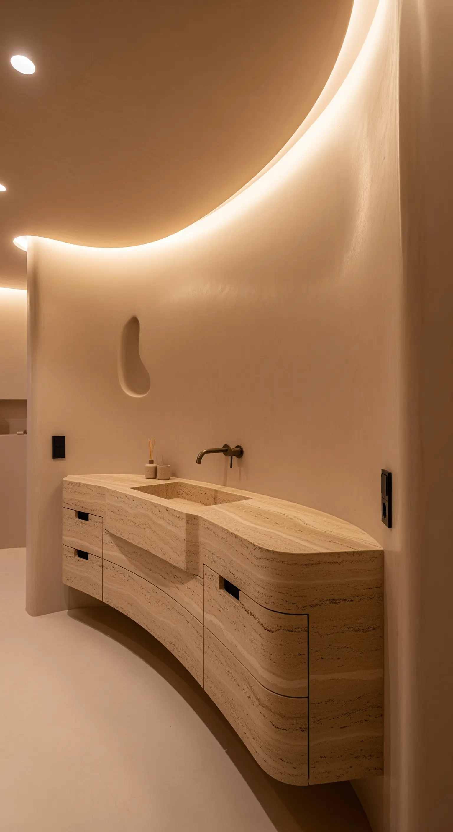 Geschwungener Waschtisch aus Travertin in einem organisch geformten Badezimmer.