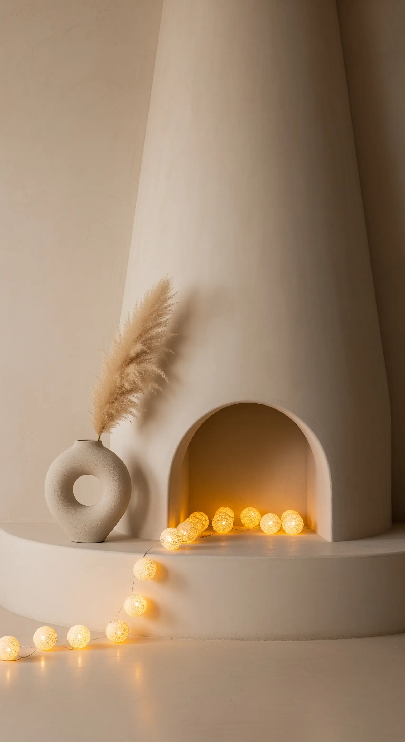 Minimalistischer weißer Rundkamin mit einzelner Vase