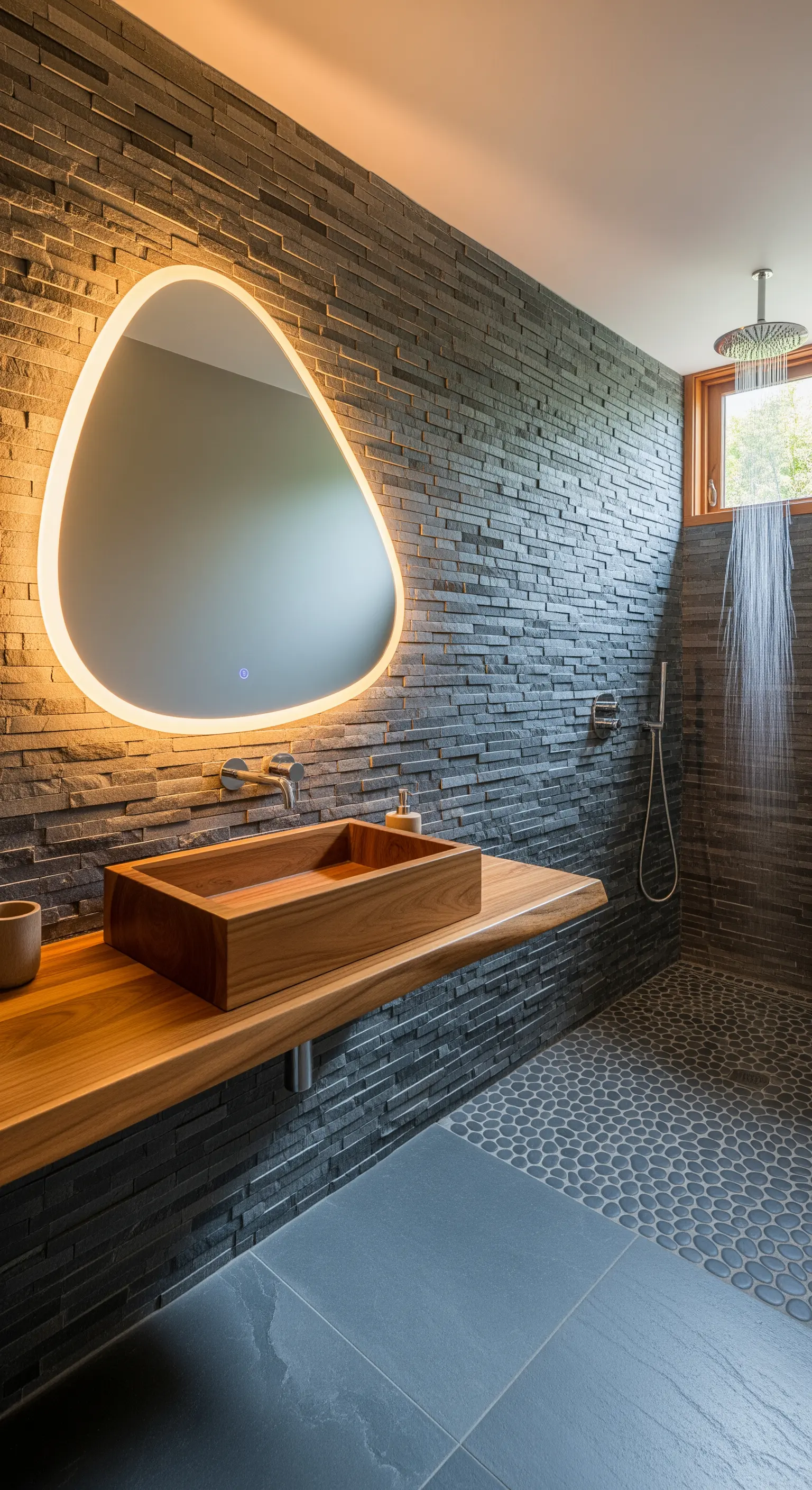 Organisch geformter LED-Spiegel an einer Wand aus dunklen Schiefer-Riemchen.