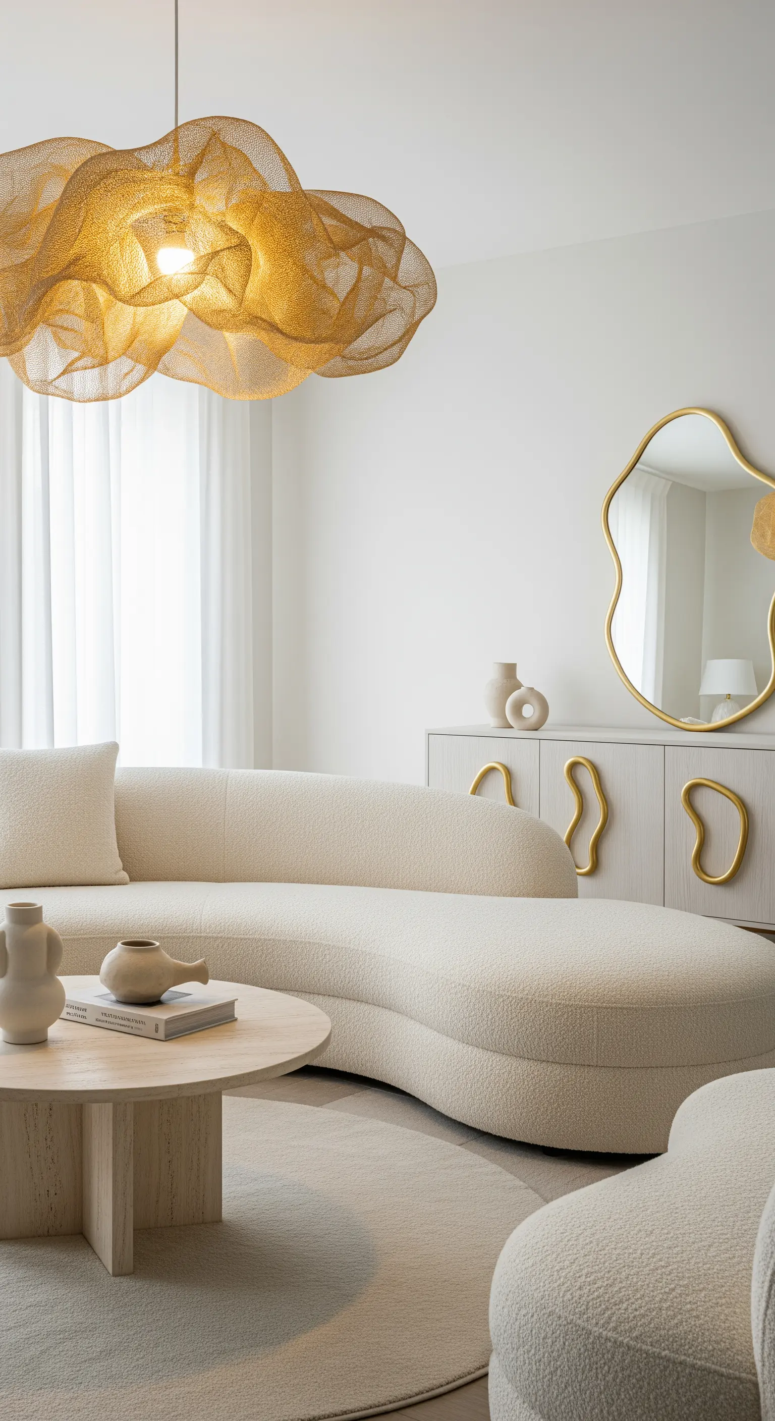 Modernes Wohnzimmer mit geschwungenem Bouclé-Sofa, organischem Goldspiegel und einer Wolken-Leuchte.