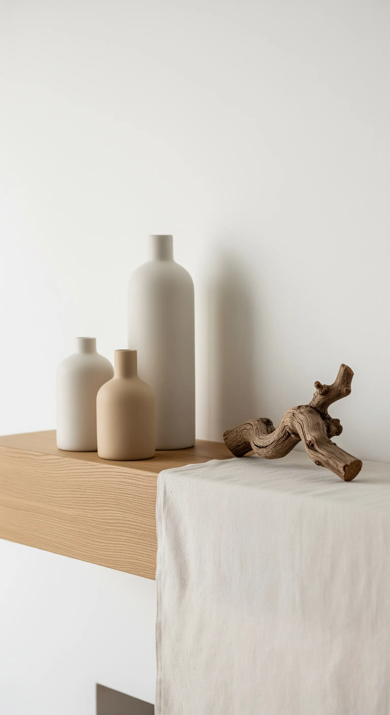 Minimalistische Deko mit matten Keramikvasen, Treibholz und Leinenstoff.
