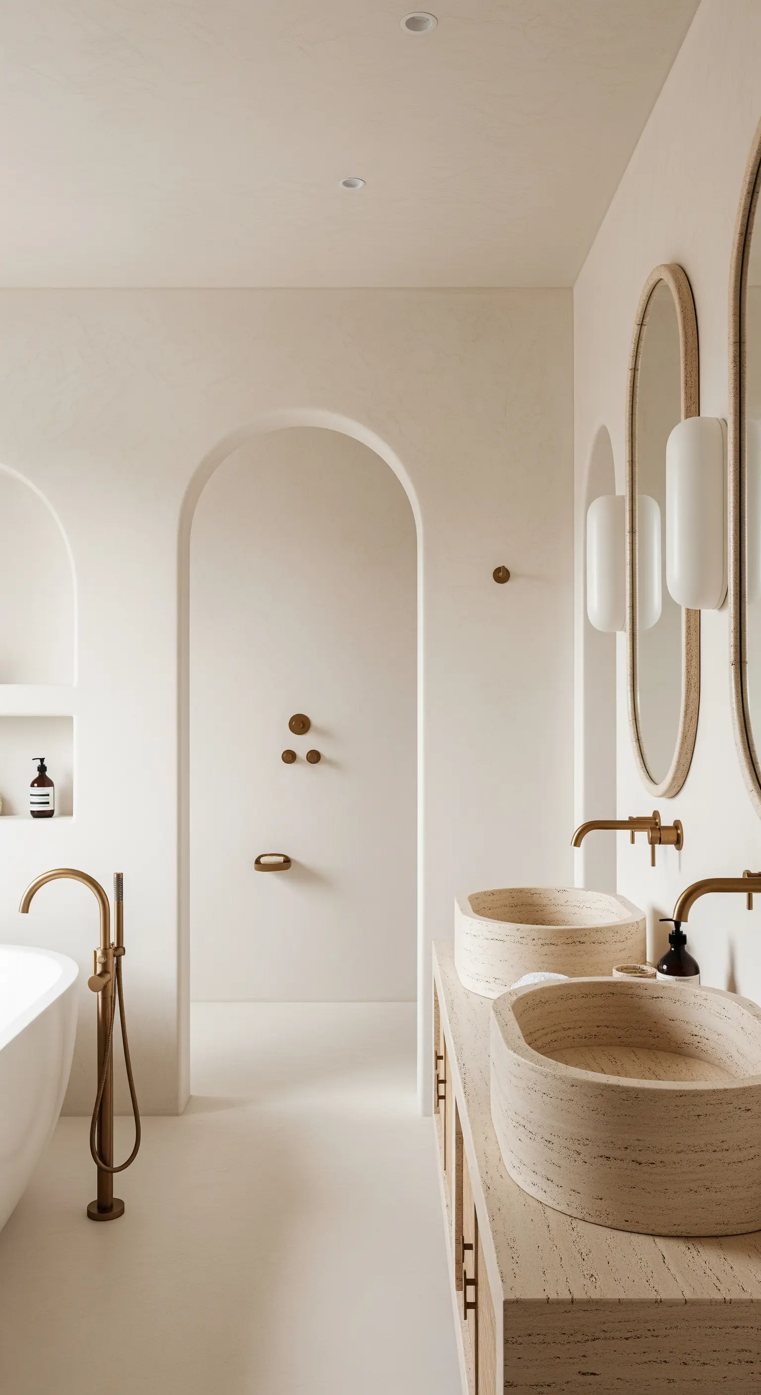 Badezimmer mit Rundbogen, Waschtisch aus Travertin und Armaturen in Altmessing.