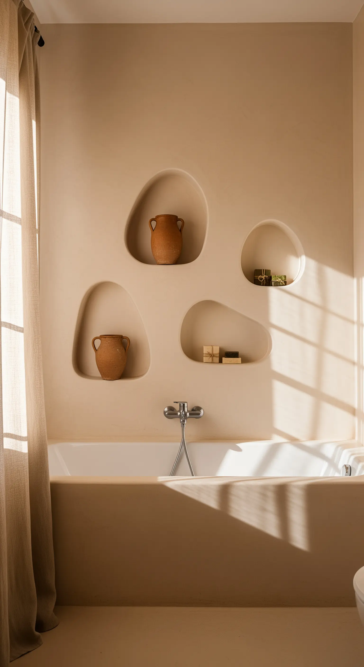 Organisch geformte Wandnischen in einer beigefarbenen Tadelakt-Wand über der Badewanne.