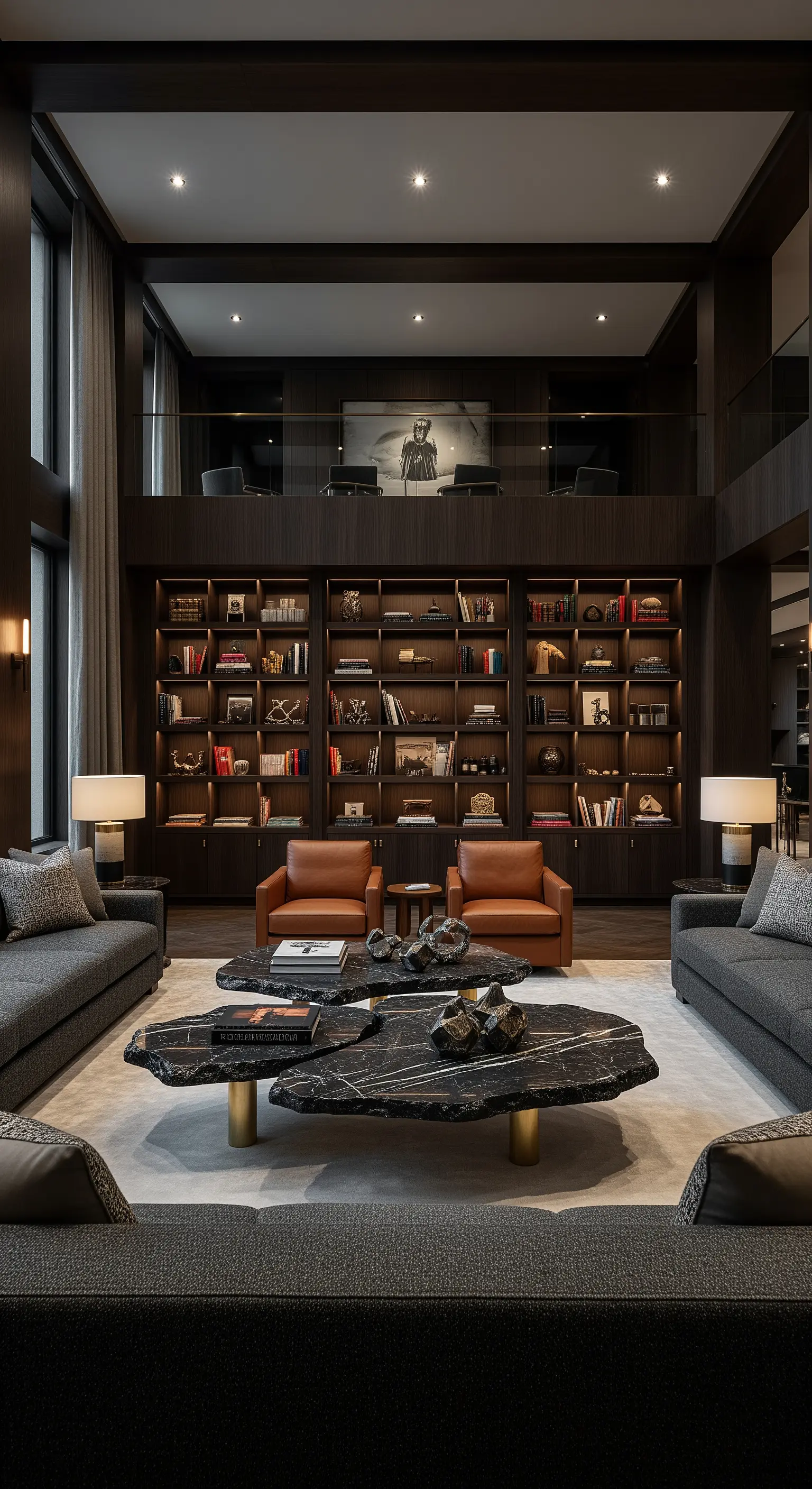 Organisch geformte Couchtische aus schwarzem Marmor in einem architektonischen Raum.