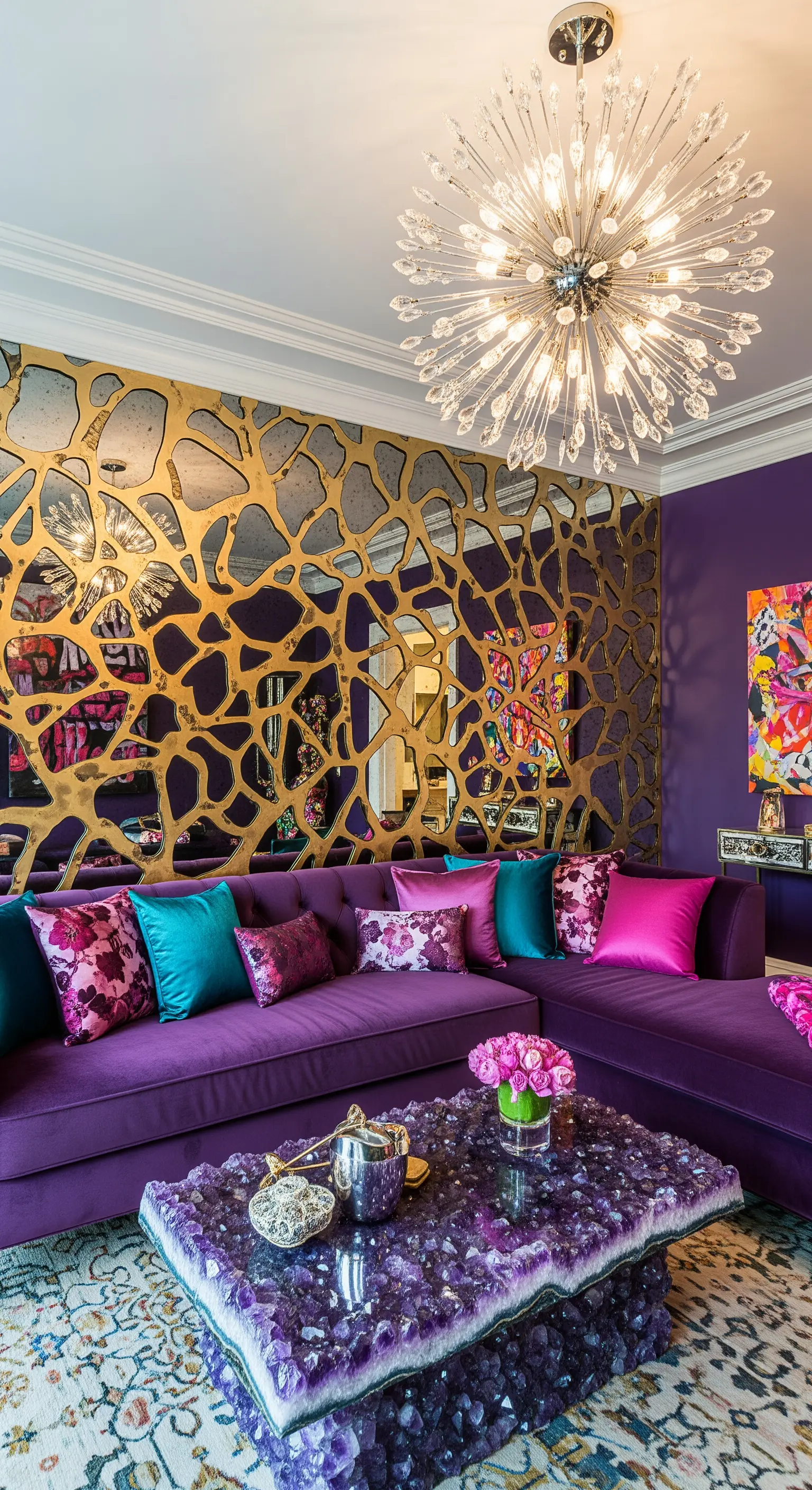 Extravagantes Wohnzimmer mit lila Sofa, organischer Gold-Spiegelwand und Amethyst-Tisch.