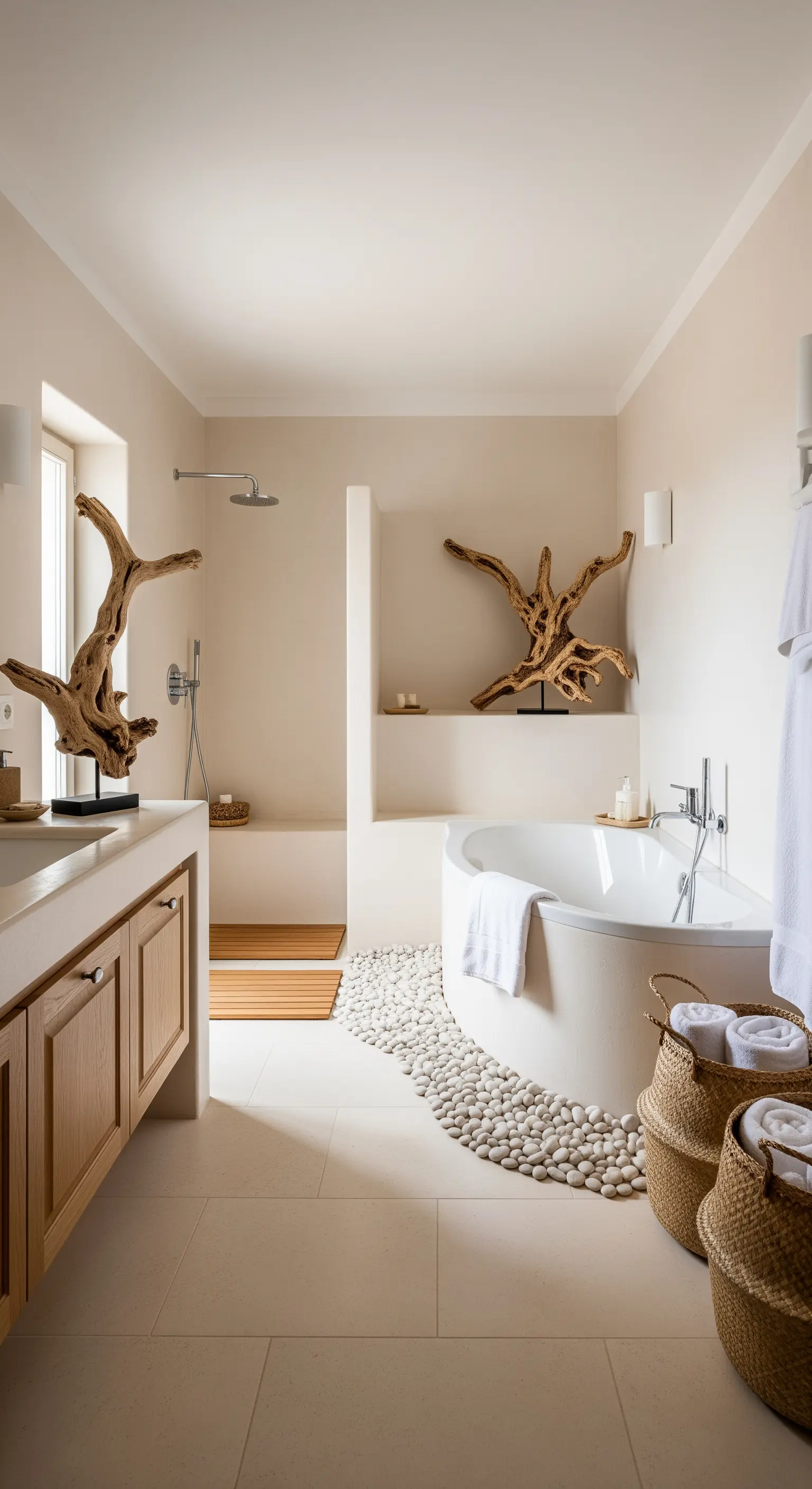 Minimalistisches Badezimmer in Beigetönen mit Kieselsteinen um die Wanne und Treibholz-Deko.