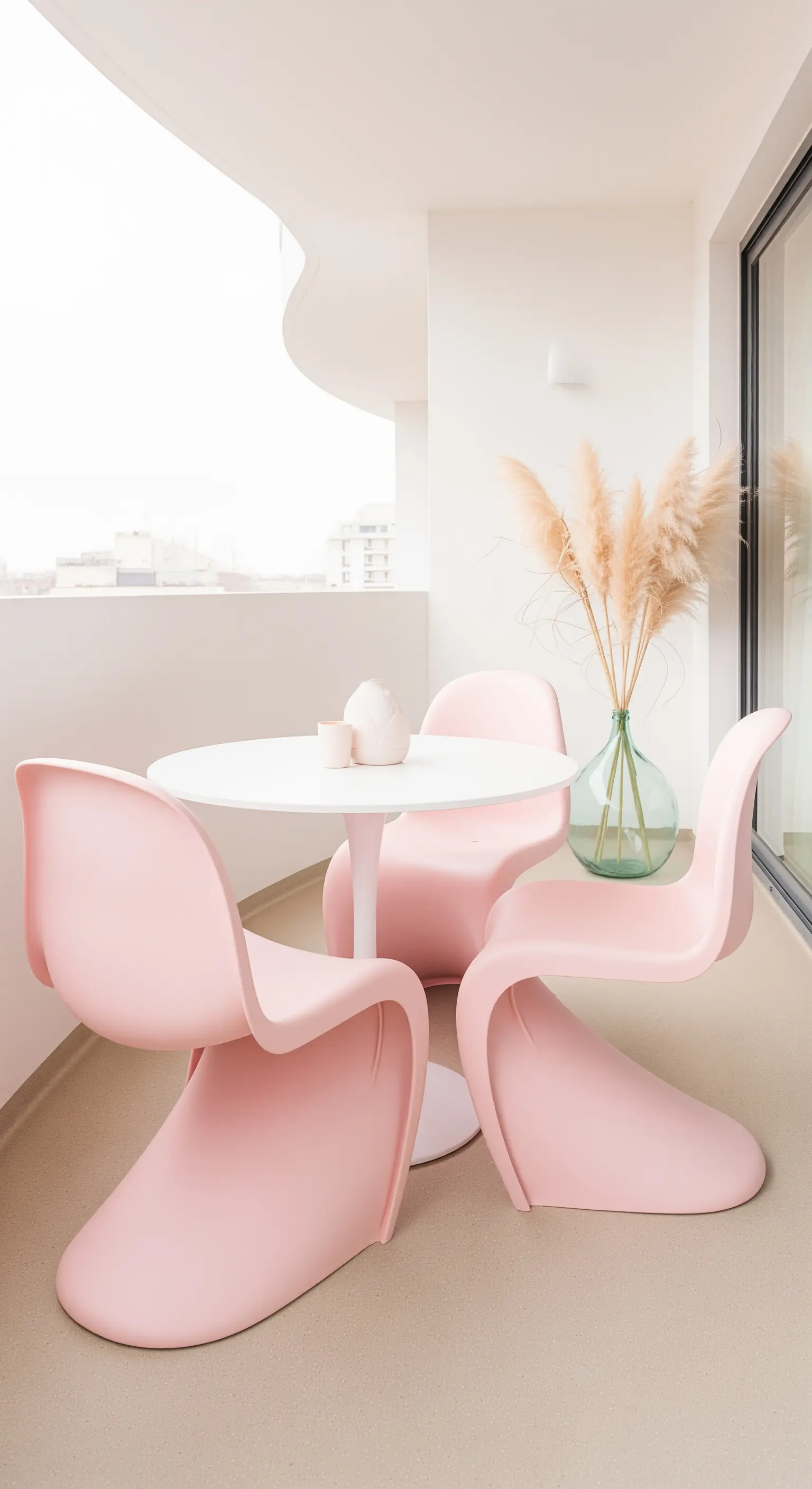 Rosa geschwungene Designstühle mit weißem Tisch und Pampasgras