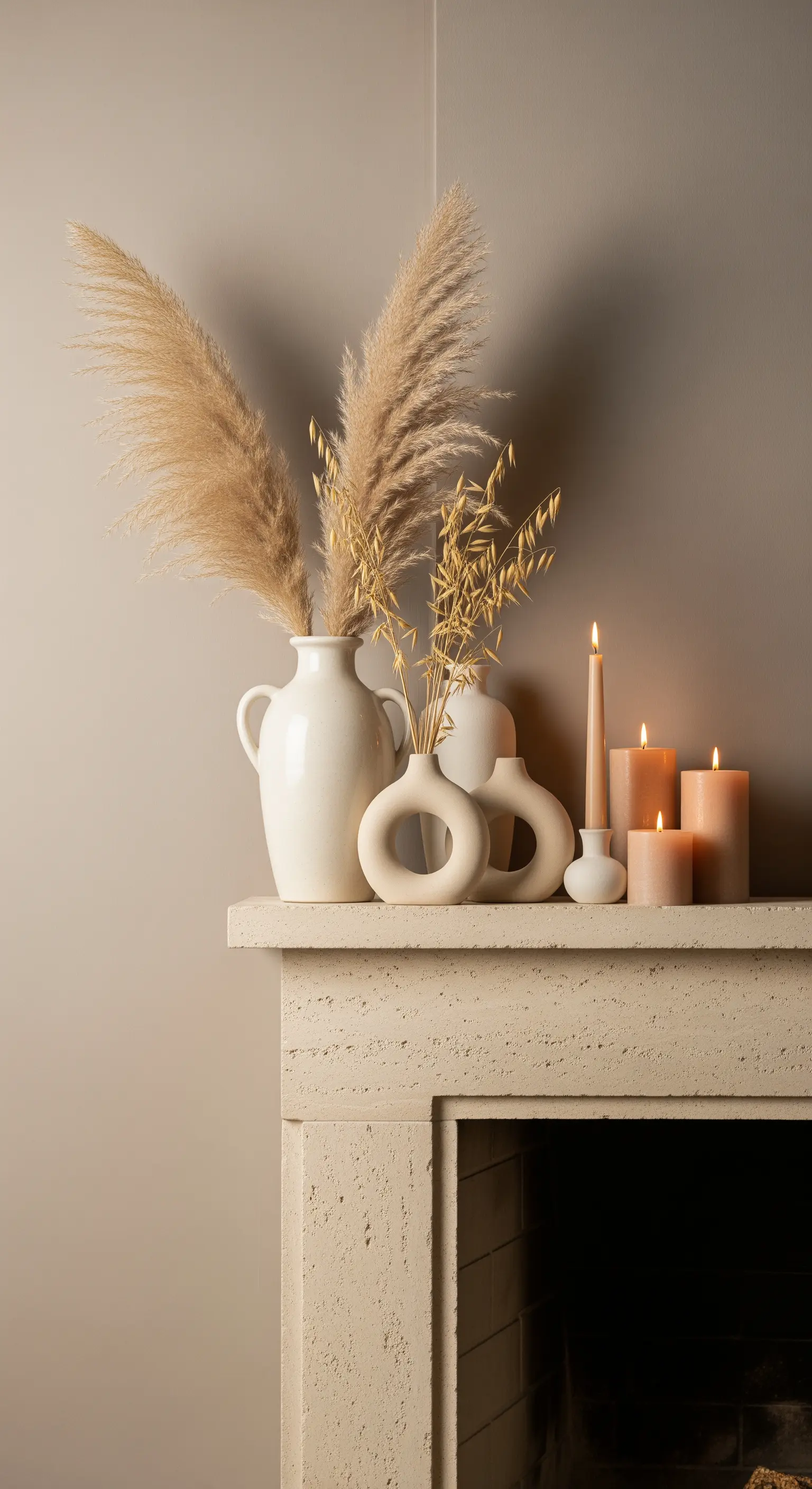 Moderne Kamindeko mit Pampasgras, organischen Keramikvasen und beigen Kerzen.