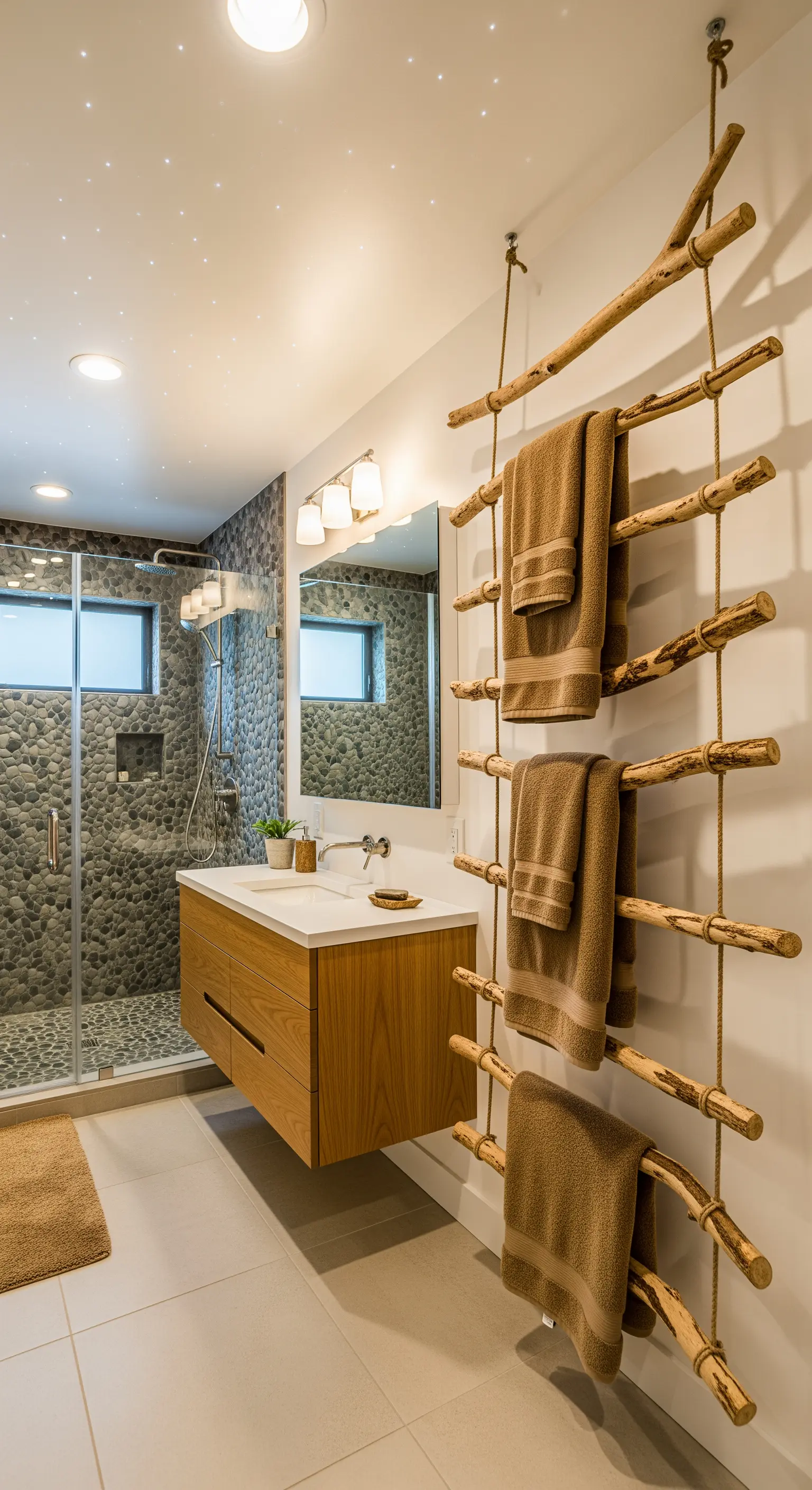 Von der Decke hängende Handtuchleiter aus natürlichen Ästen und Seilen.