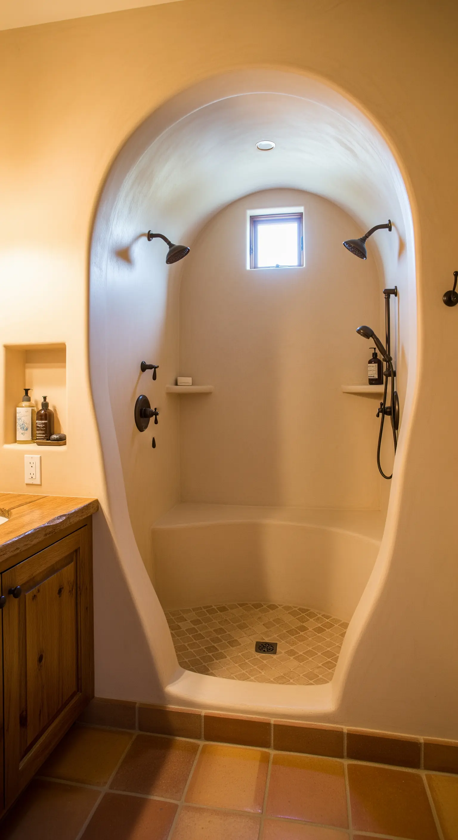 Organisch geformte Duschkabine in warmen Erdtönen mit integrierter Sitzbank