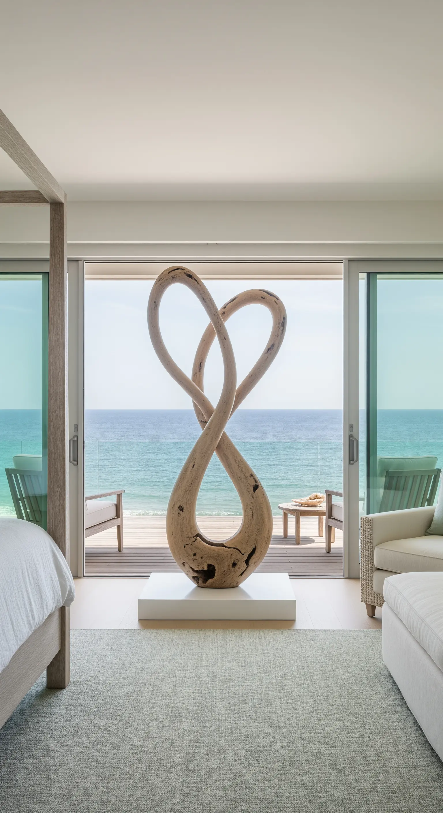 Große, geschwungene Treibholz-Skulptur vor einem Fenster mit direktem Blick auf das Meer.