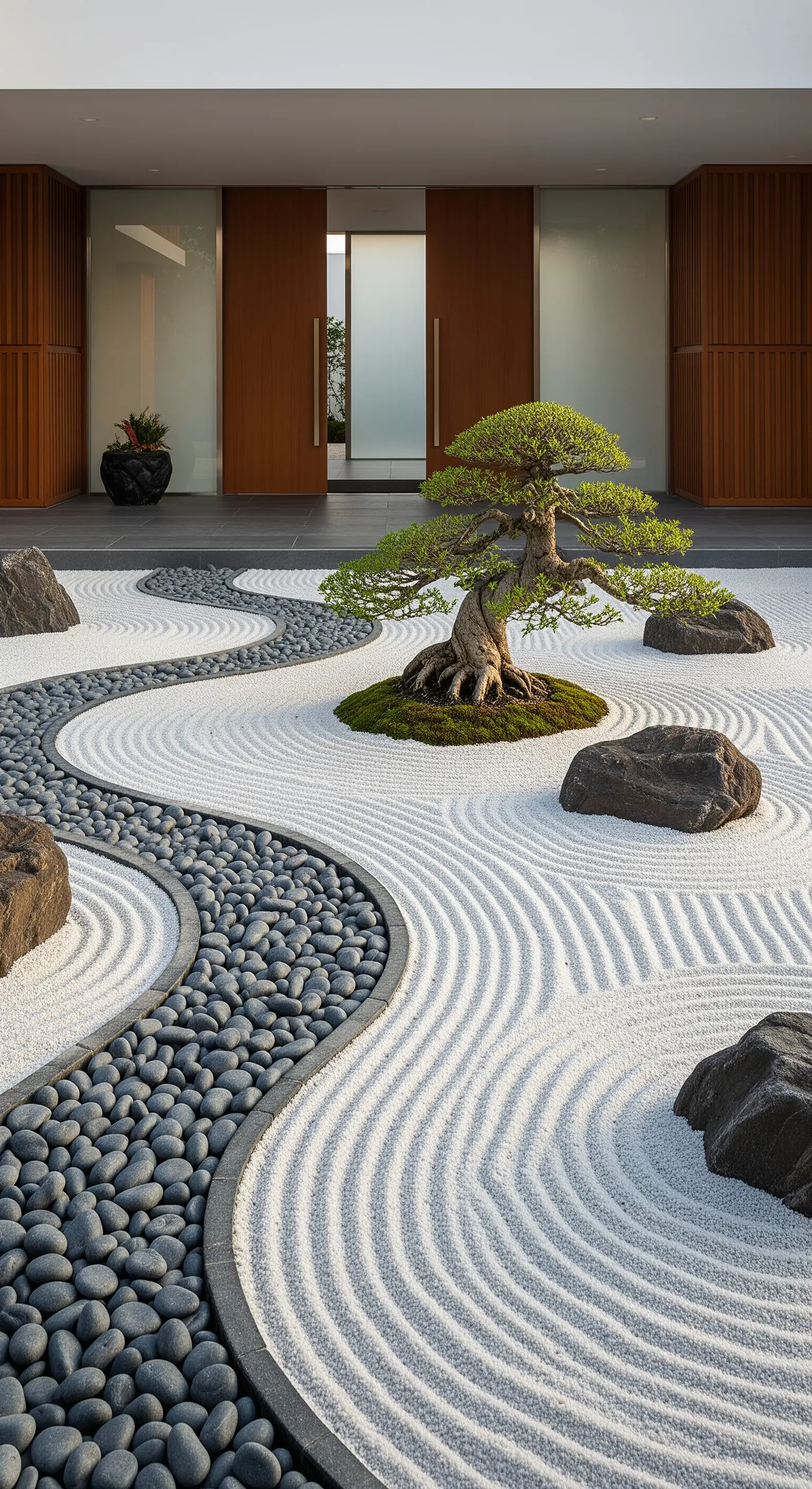 Geschwungener Kiesweg, zentraler Bonsai auf Moosinsel, große Steine, feiner Kies