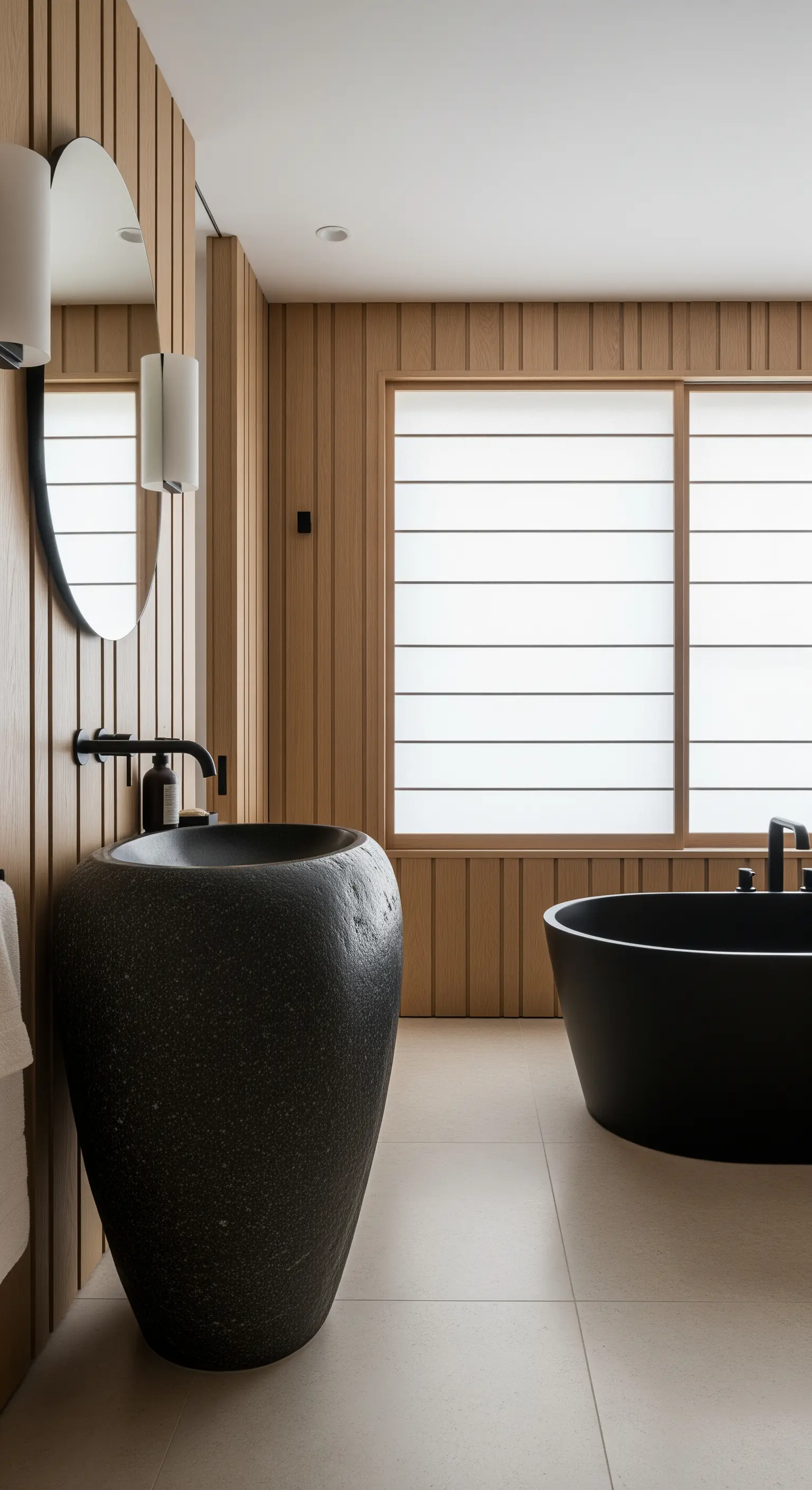 Dunkles Steinwaschbecken in organischer Form vor einer vertikalen Holzverkleidung.