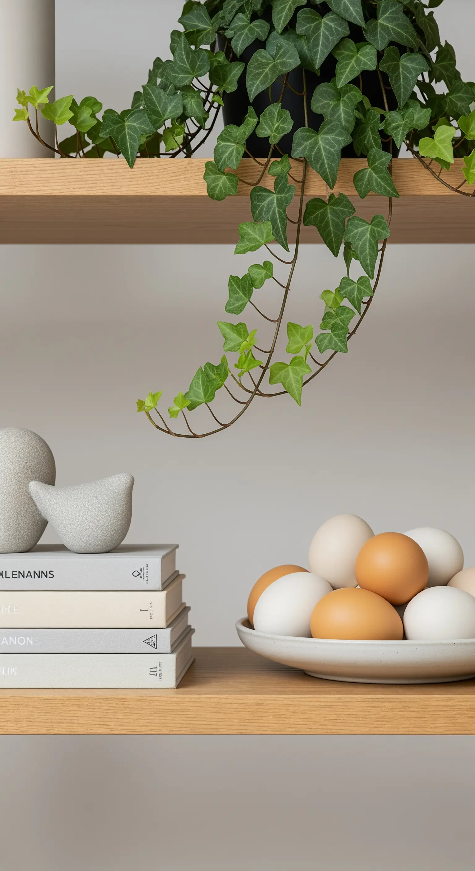 Regal mit Hängepflanze, Büchern, Keramikvogel und Naturtönen-Eiern