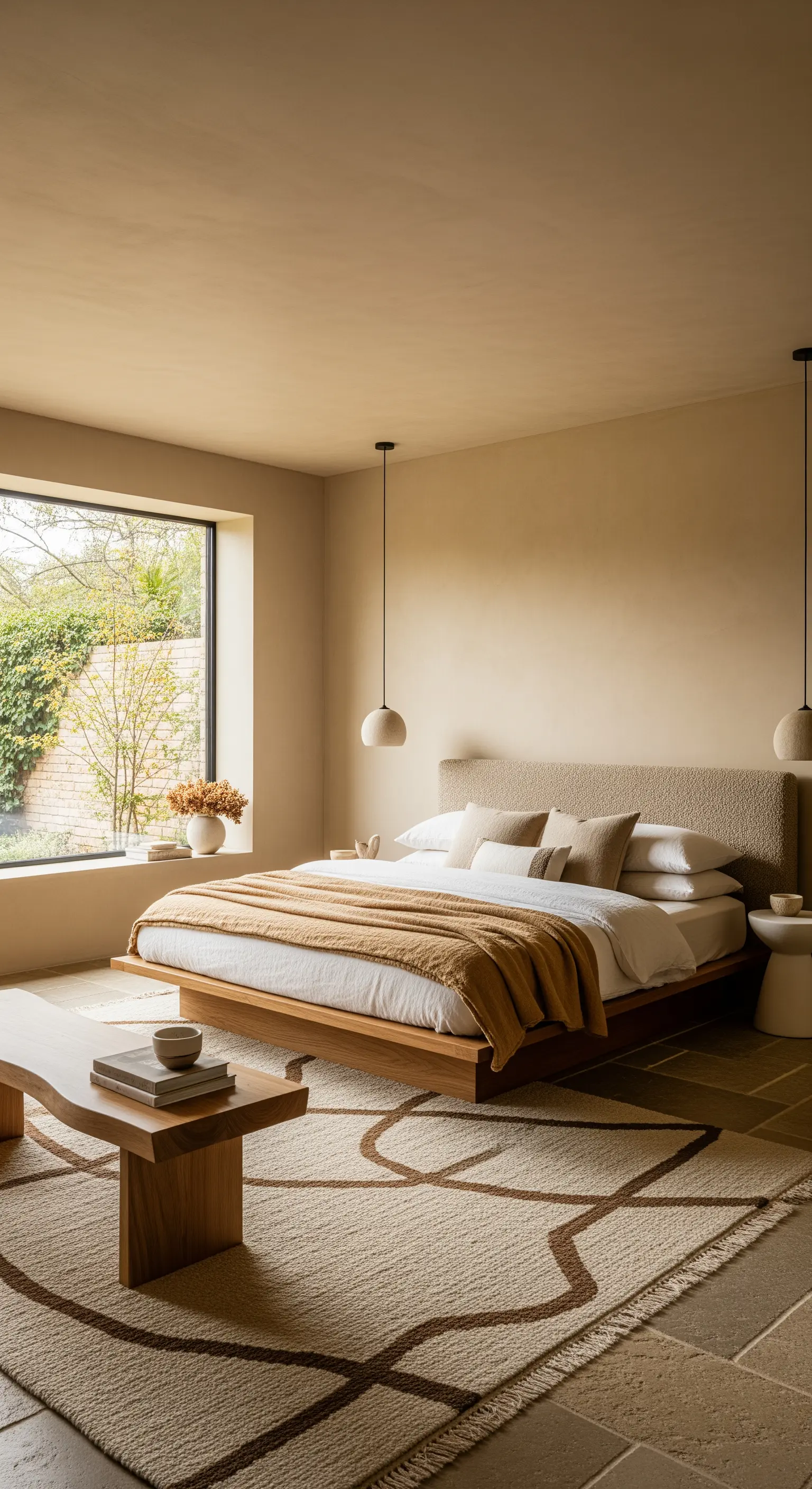 Minimalistisches Japandi-Schlafzimmer mit niedrigem Holzbett und texturierten Wänden.