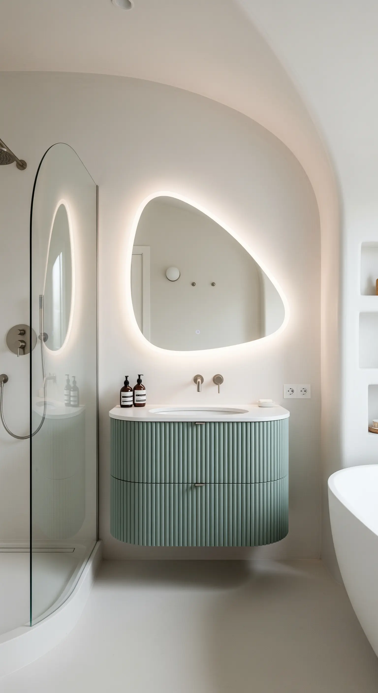 Asymmetrischer LED-Spiegel über einem geriffelten Waschtisch in Salbeigrün.