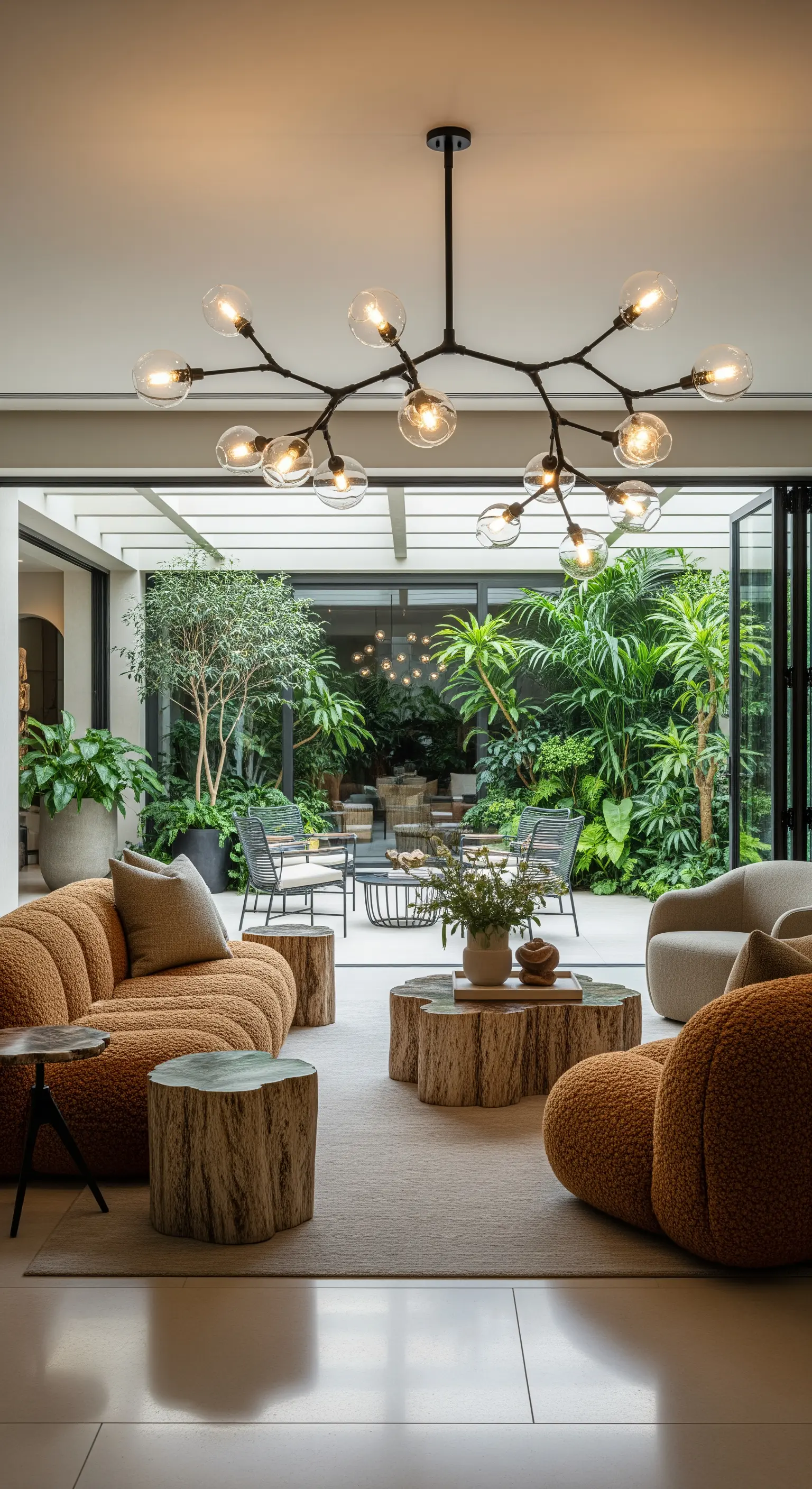 Moderner Kronleuchter in Form von Ästen in einem hellen Wohnzimmer mit Blick in den Garten.