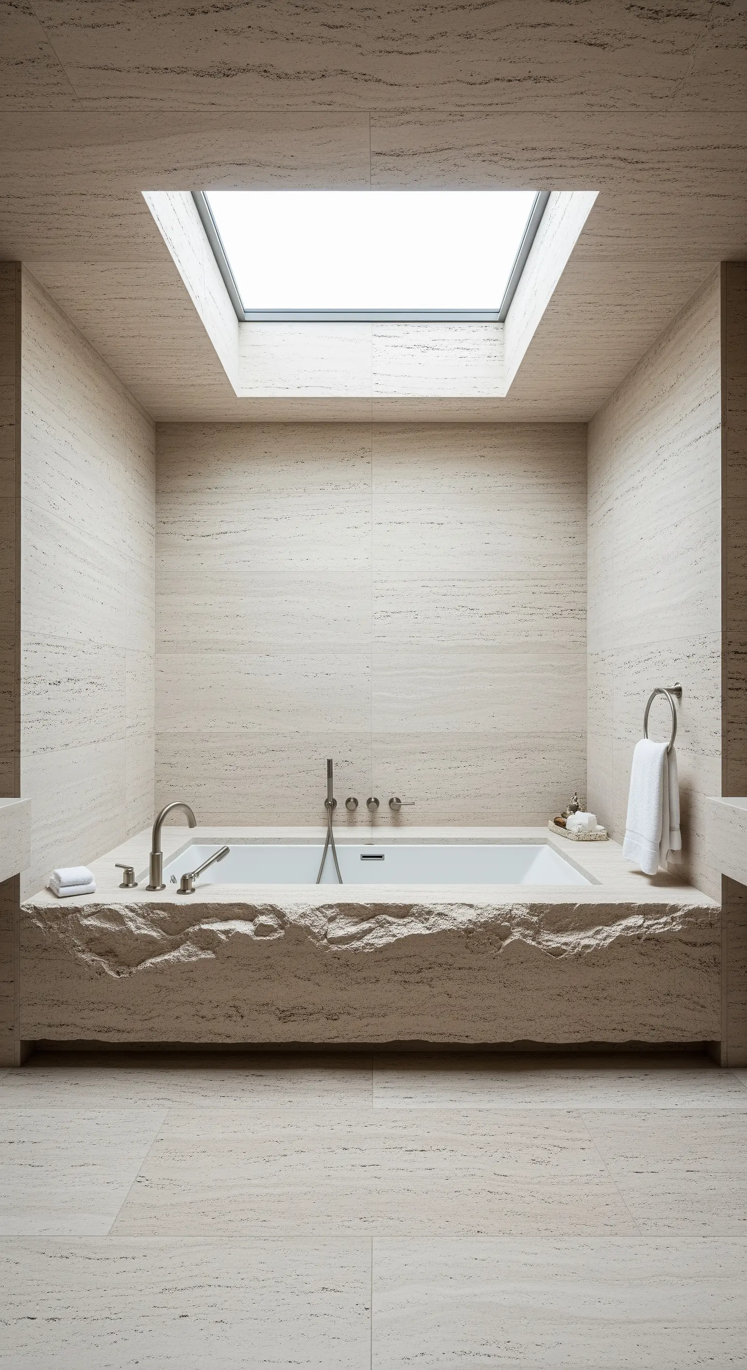 In ein Podest eingelassene Badewanne mit einer rauen, unbehandelten Steinkante