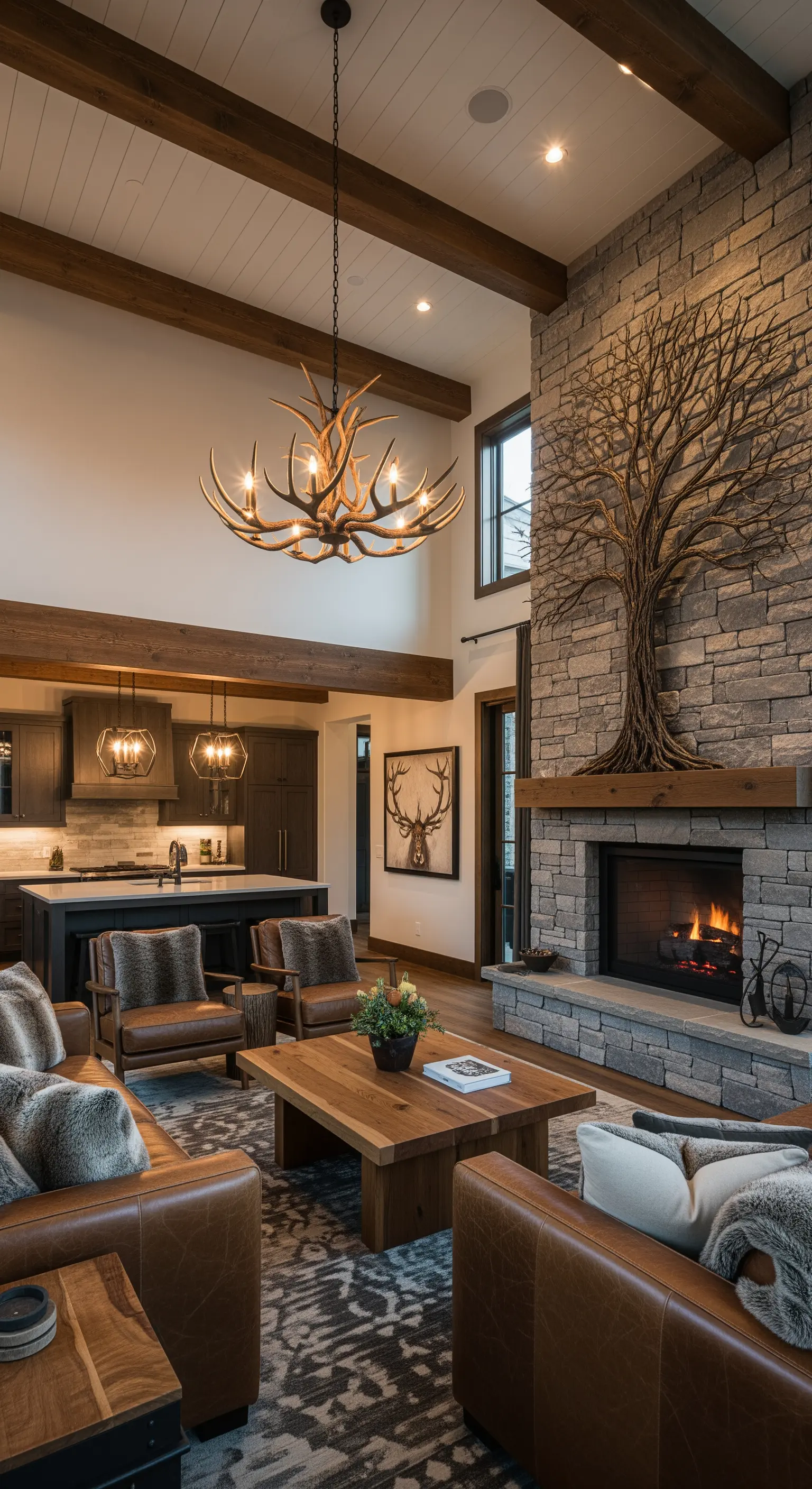 Metallene Baum-Skulptur an einer hohen Steinwand über einem Kamin in einem Chalet.