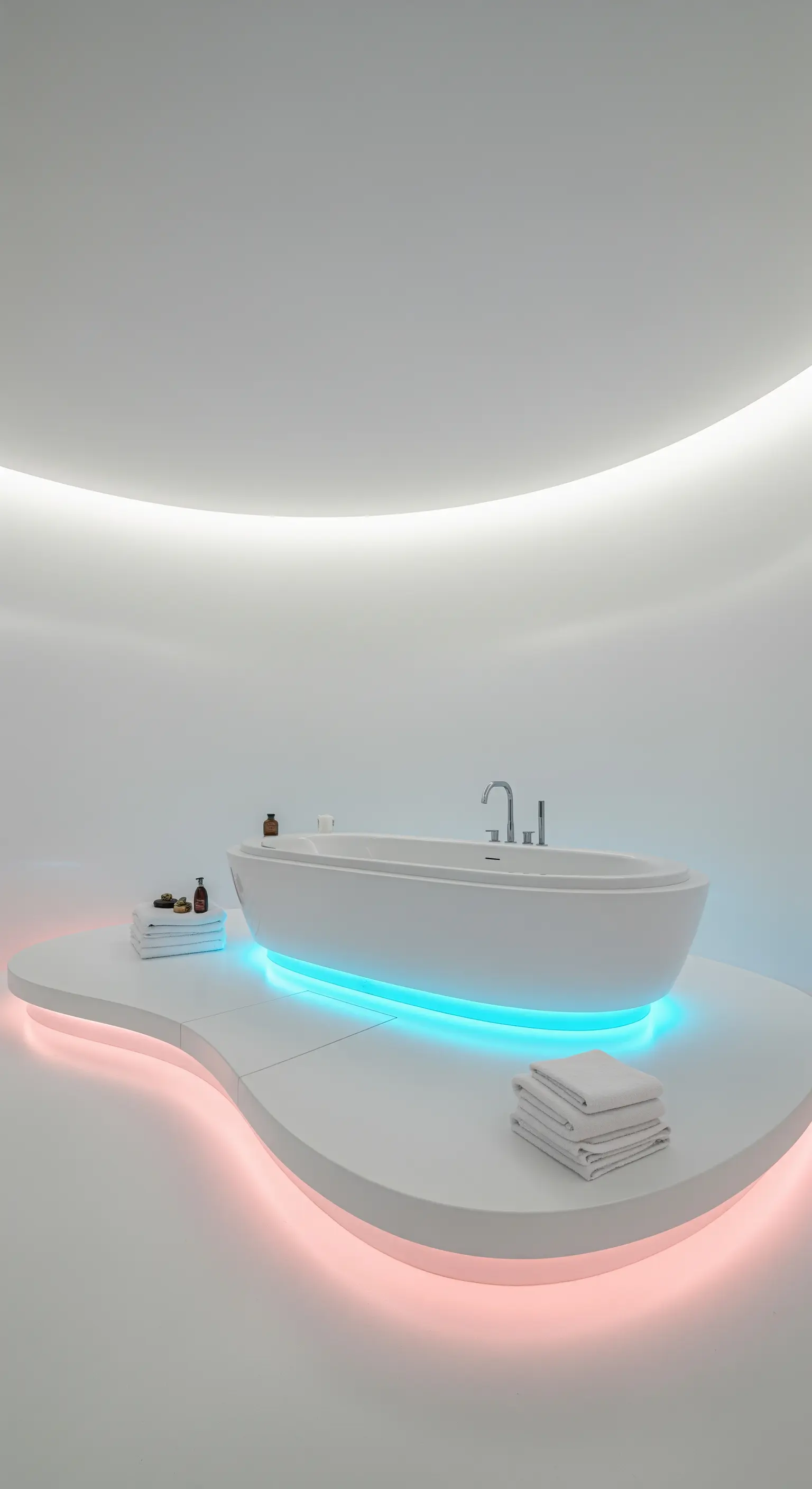 Futuristische, weiße Badewanne auf einem geschwungenen Podest mit farbiger LED-Beleuchtung