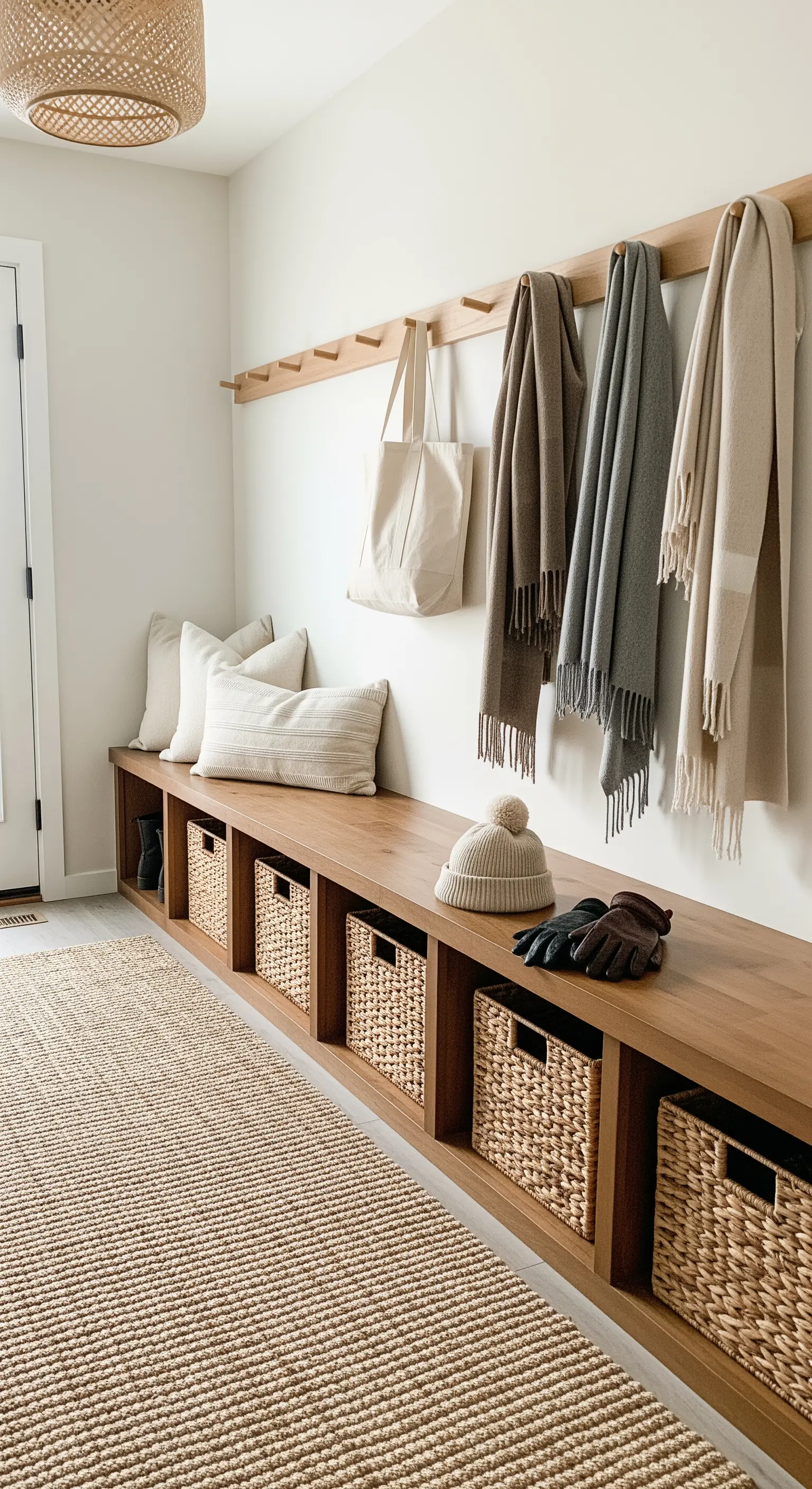 Eingangsbereich mit langer Holzbank, geflochtenen Körben und einer Hakenleiste mit Schals.