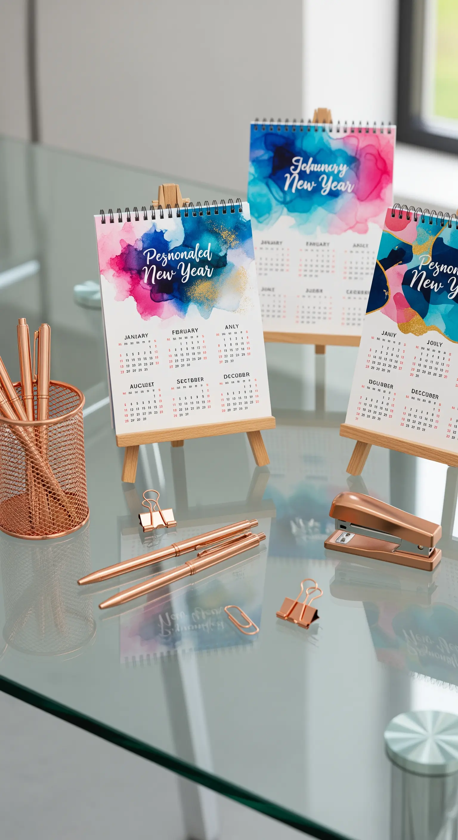 Personalisierte Neujahrskalender mit Aquarelldesign auf Staffeleien, umgeben von Roségold-Büroutensilien auf Glastisch.