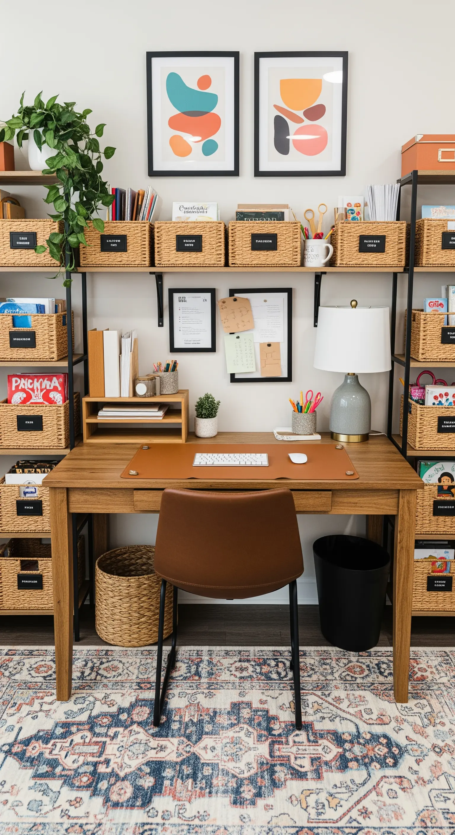 Gut organisiertes Homeoffice mit beschrifteten Flechtkörben in schwarzen Metallregalen