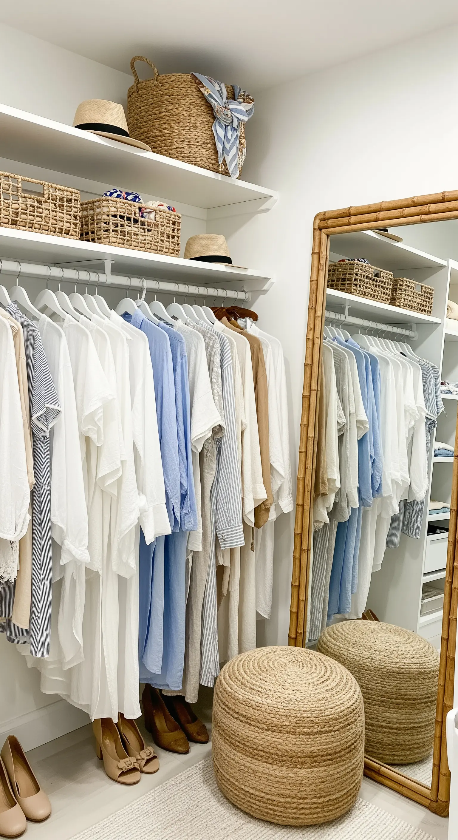 Offener Kleiderschrank mit nach Farben sortierter Kleidung, Rattankörben und einem großen Bambusspiegel